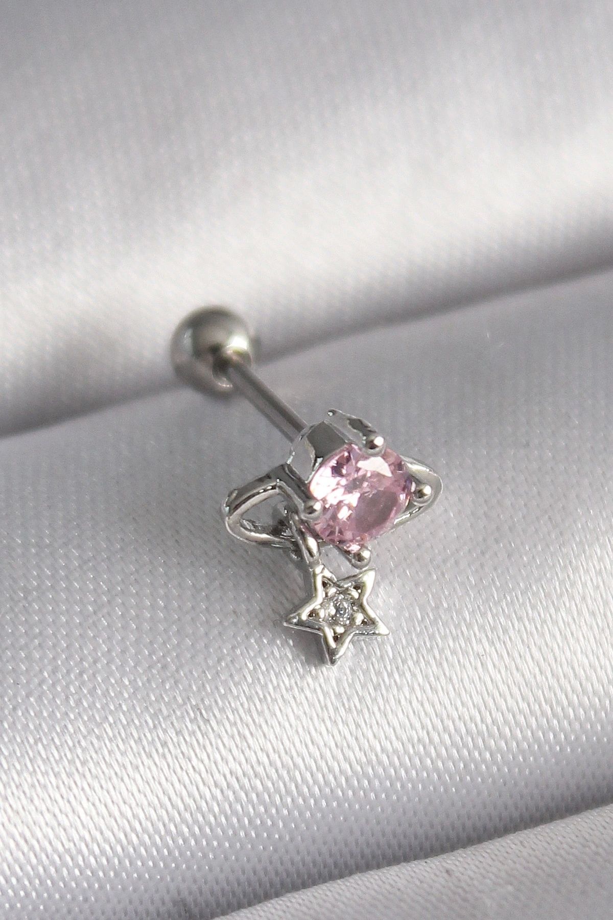 OurStyles 316L Çelik Gümüş Renk Pembe Zirkon Taşlı Sallantı Yıldız Detay Tragus Piercing - TJ-PR1237