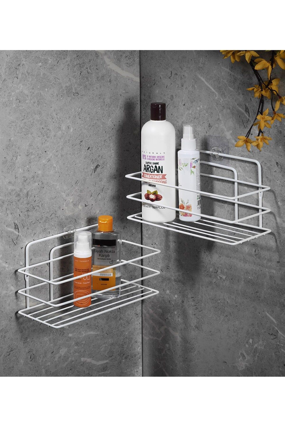 Sas Haus Ömür Boyu Paslanmaz Yapışkanlı Banyo Düzenleyici Şampuanlık Duş Rafı 2 Adet Beyaz TŞ-01