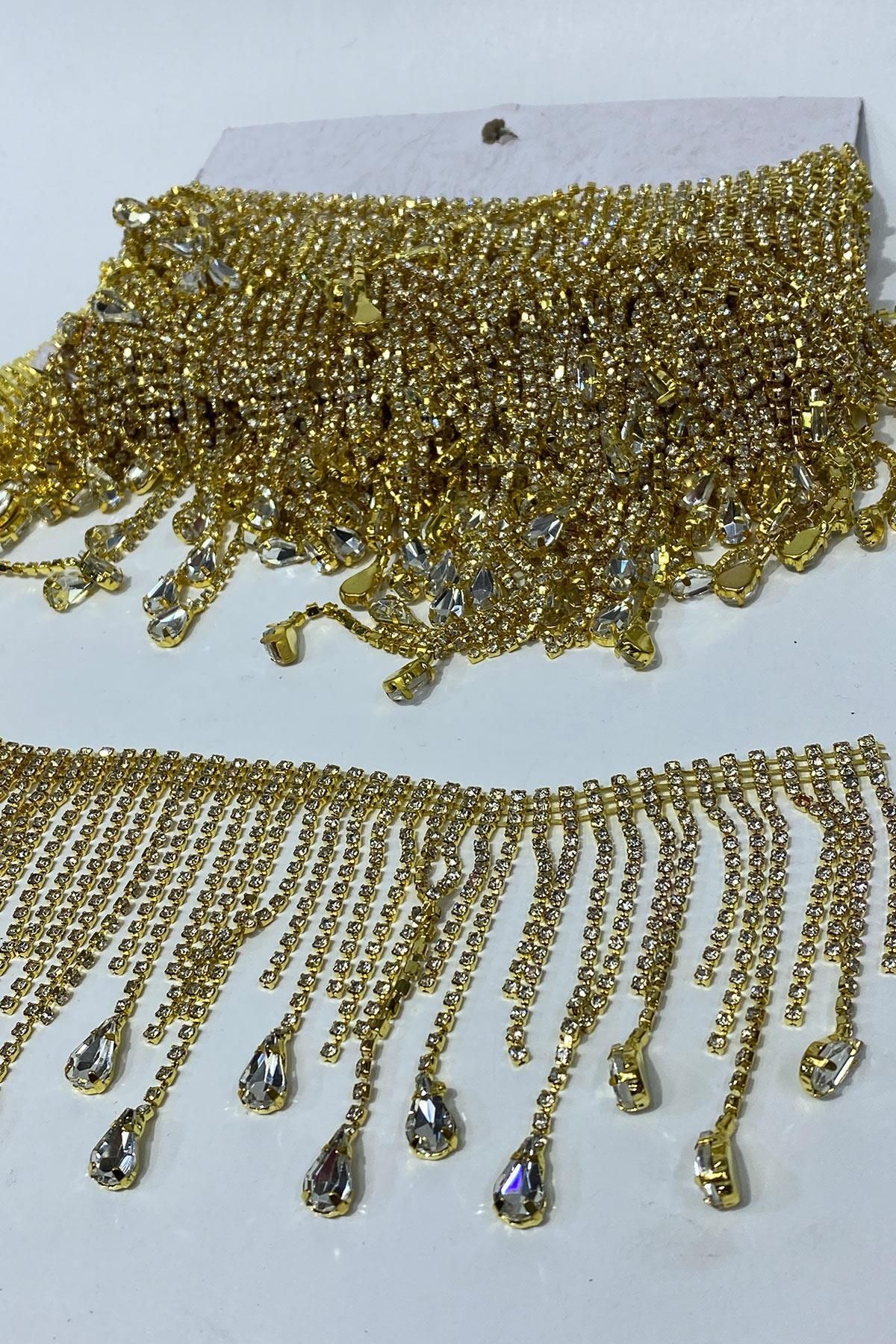 Limelia Gold Şeffaf Beyoğlu Damla Taşlı Saçak Püsküllü Şerit Aksesuar