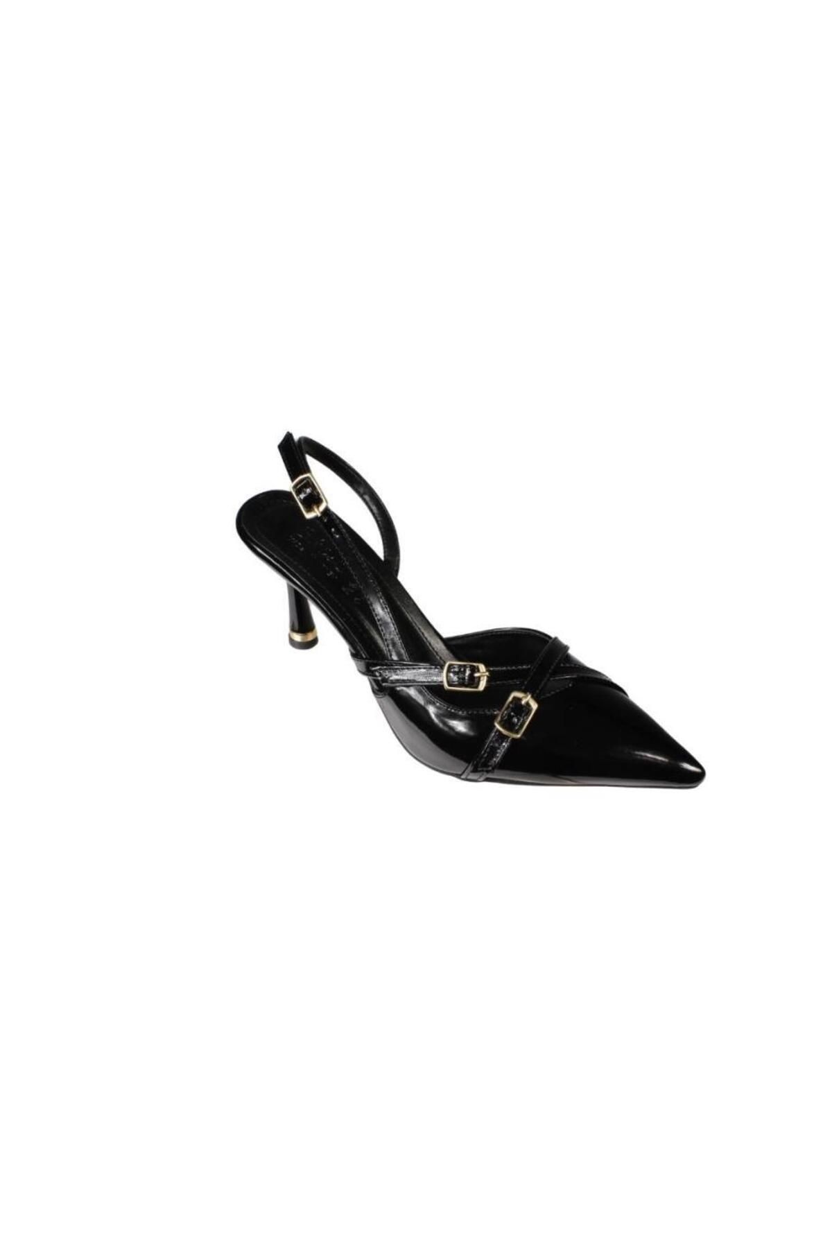 Yaz Kış Ayakkabı YAZKIŞ Kadın Siyah Ten Bordo Rugan Üstü Kemer Geçkili Sivri Burun 8cm İnce Topuk Stiletto Ayakkabı