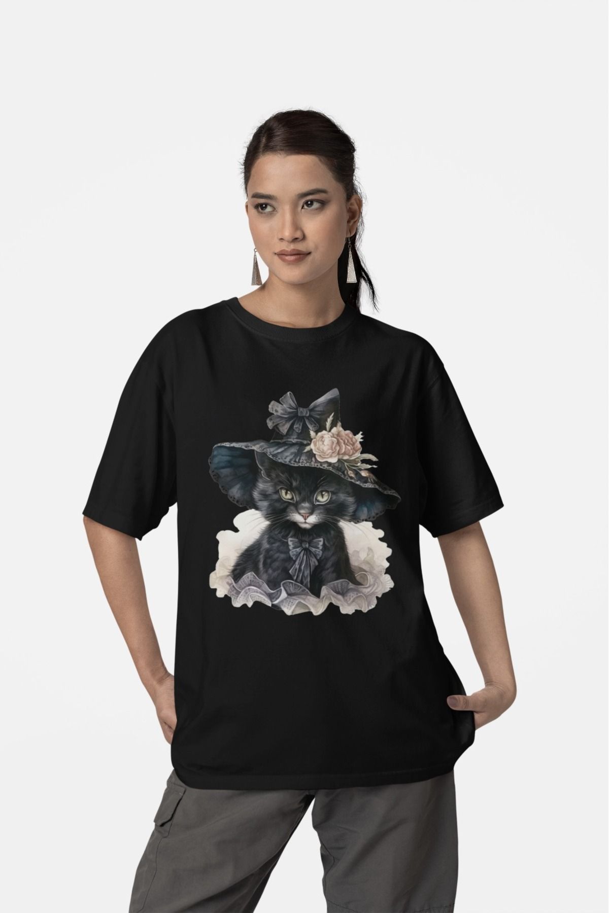 Butik %100 PAMUK KADIN/KIZ -PRENSES KEDİ- TRANSFER BASKILI YUVARLAK YAKA KISA KOL TİŞÖRT