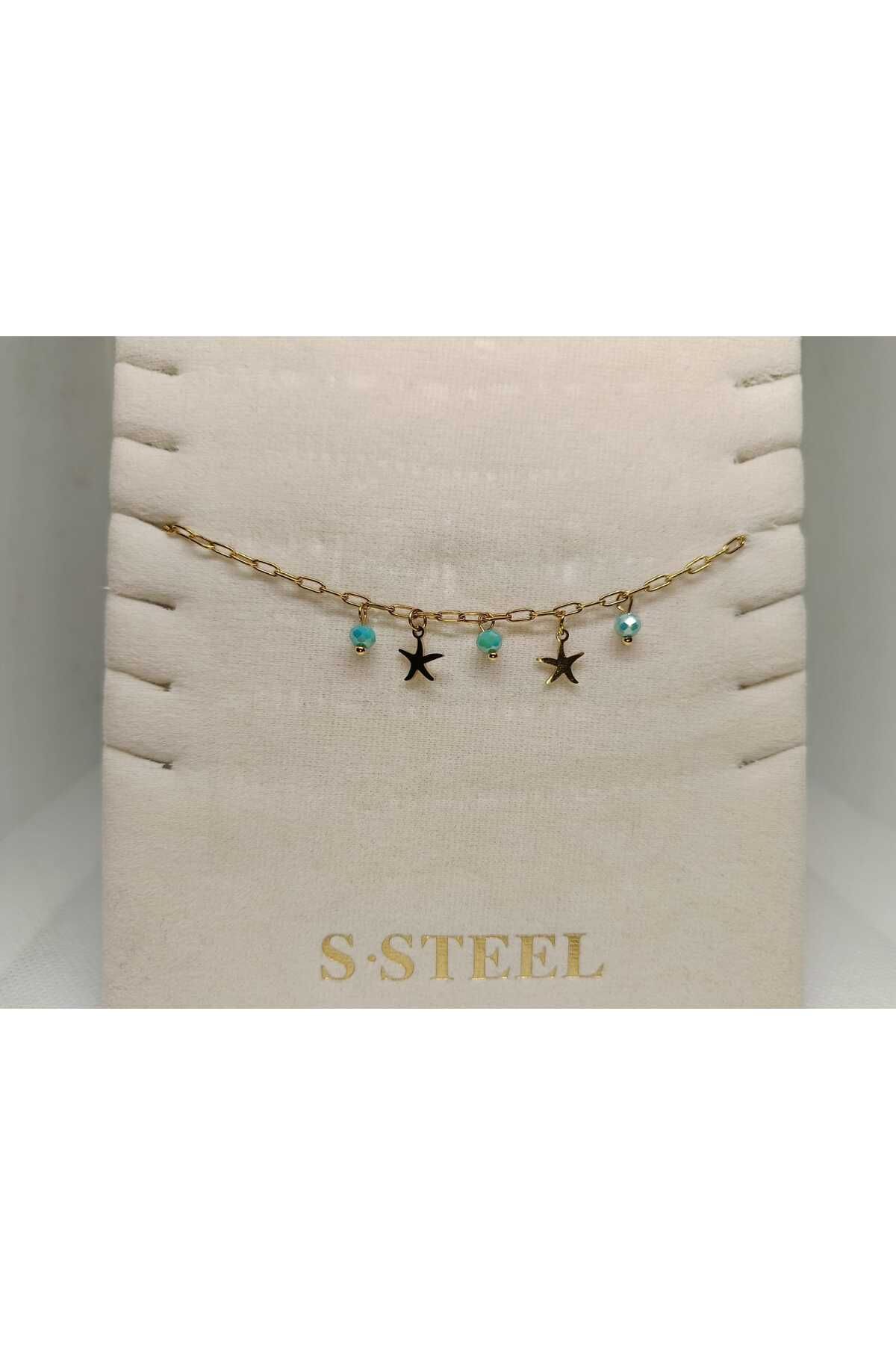 Store 316l Yıldız Detaylı Boncuklu Paslanmaz Çelik Gold Halhal