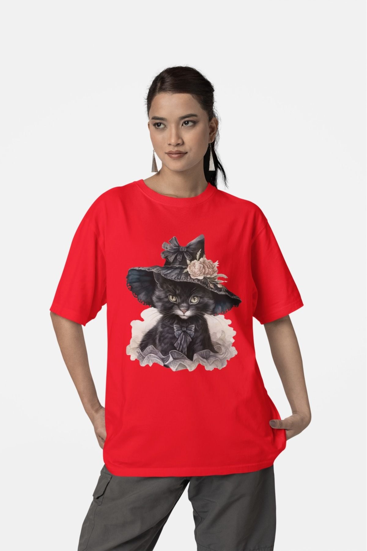 Butik %100 PAMUK KADIN/KIZ -PRENSES KEDİ- TRANSFER BASKILI YUVARLAK YAKA KISA KOL TİŞÖRT