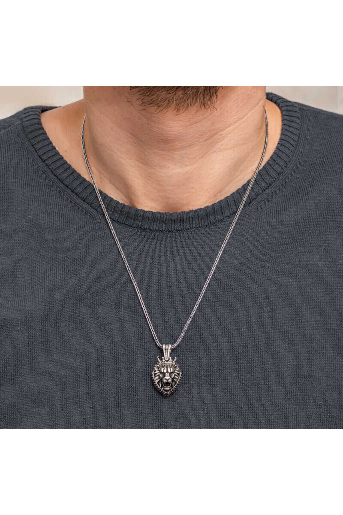 shop Taçlı Aslan Figürlü 925 Ayar Gümüş Erkek Kolye