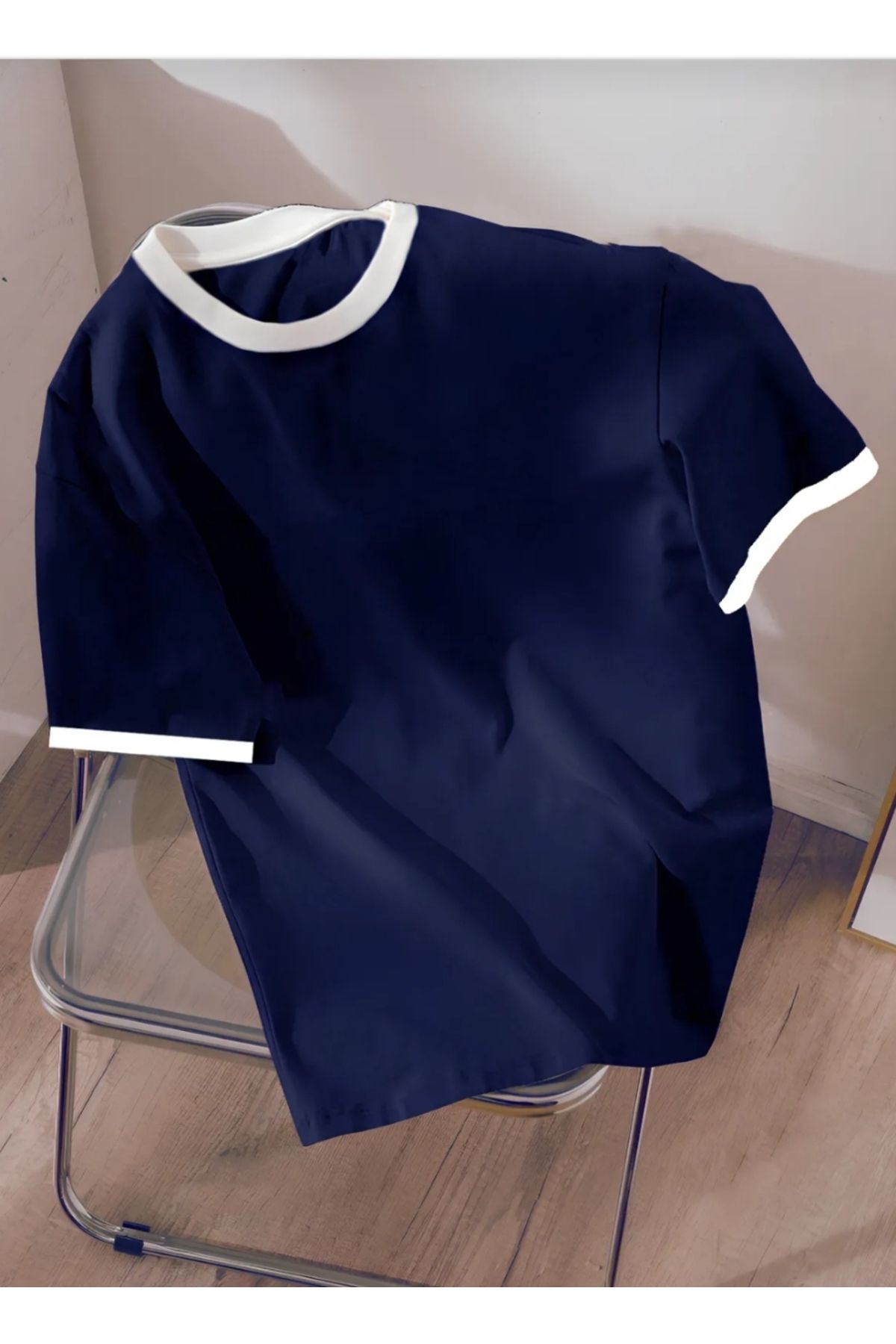 Man Unisex Erkek/Kadın Siyah Beyaz Yaka Düz Baskılı Oversize Pamuklu T-shirt