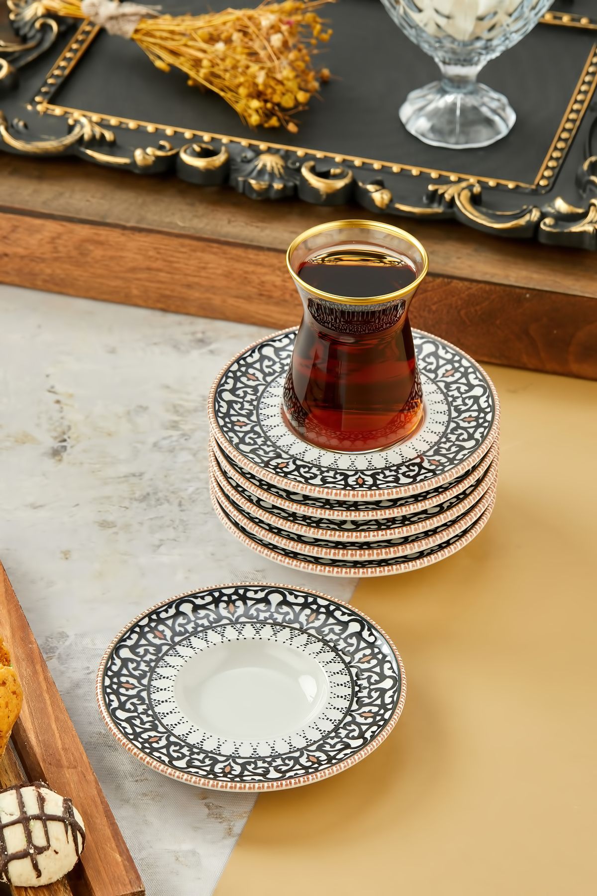 Babion Siyah Motifli 6 Kişilik Çay Tabağı, Bardak Altlığı