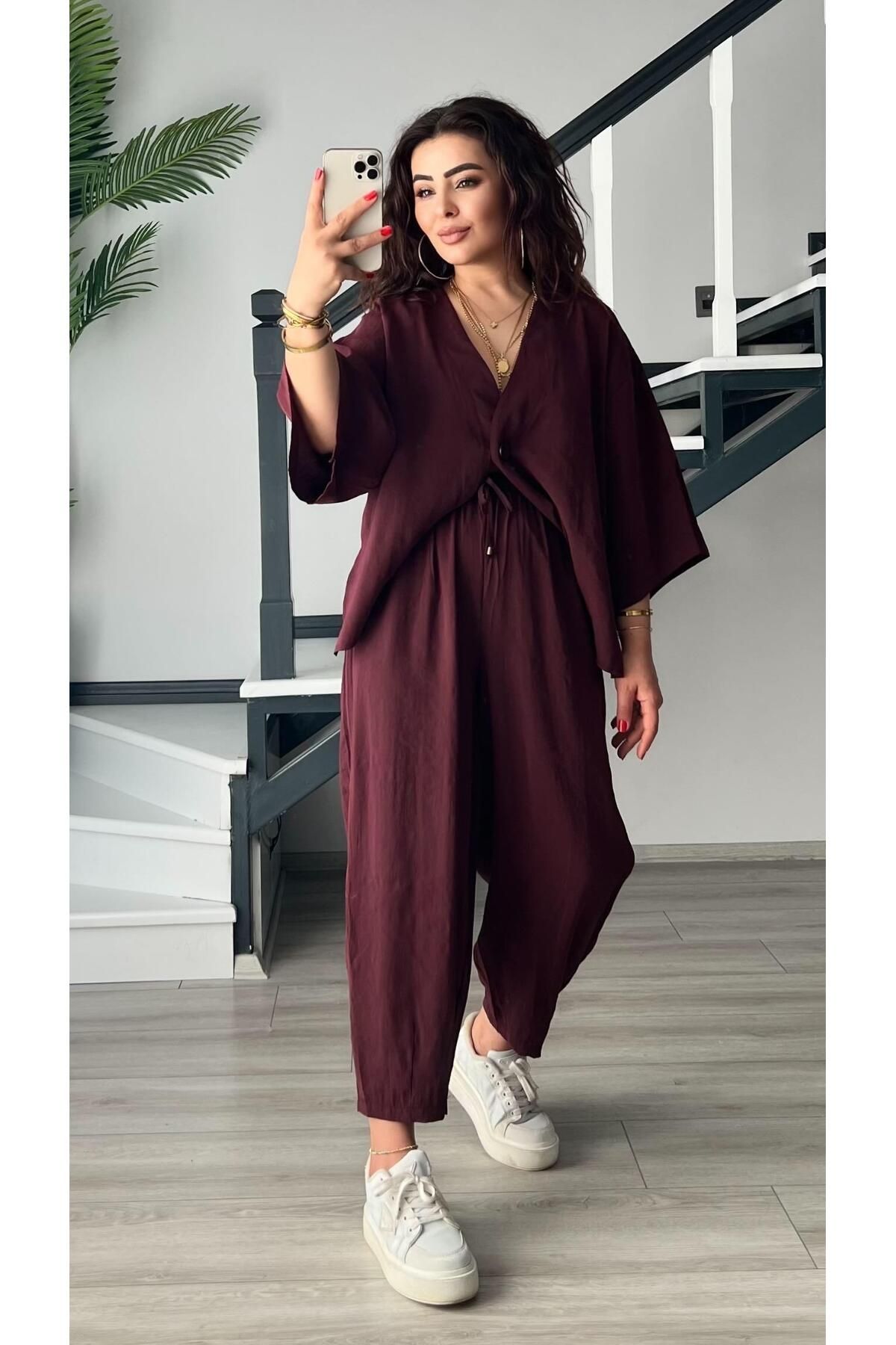 Oslove Mürdüm Tnsel Beli Lastikli Şalvar Pantolon
