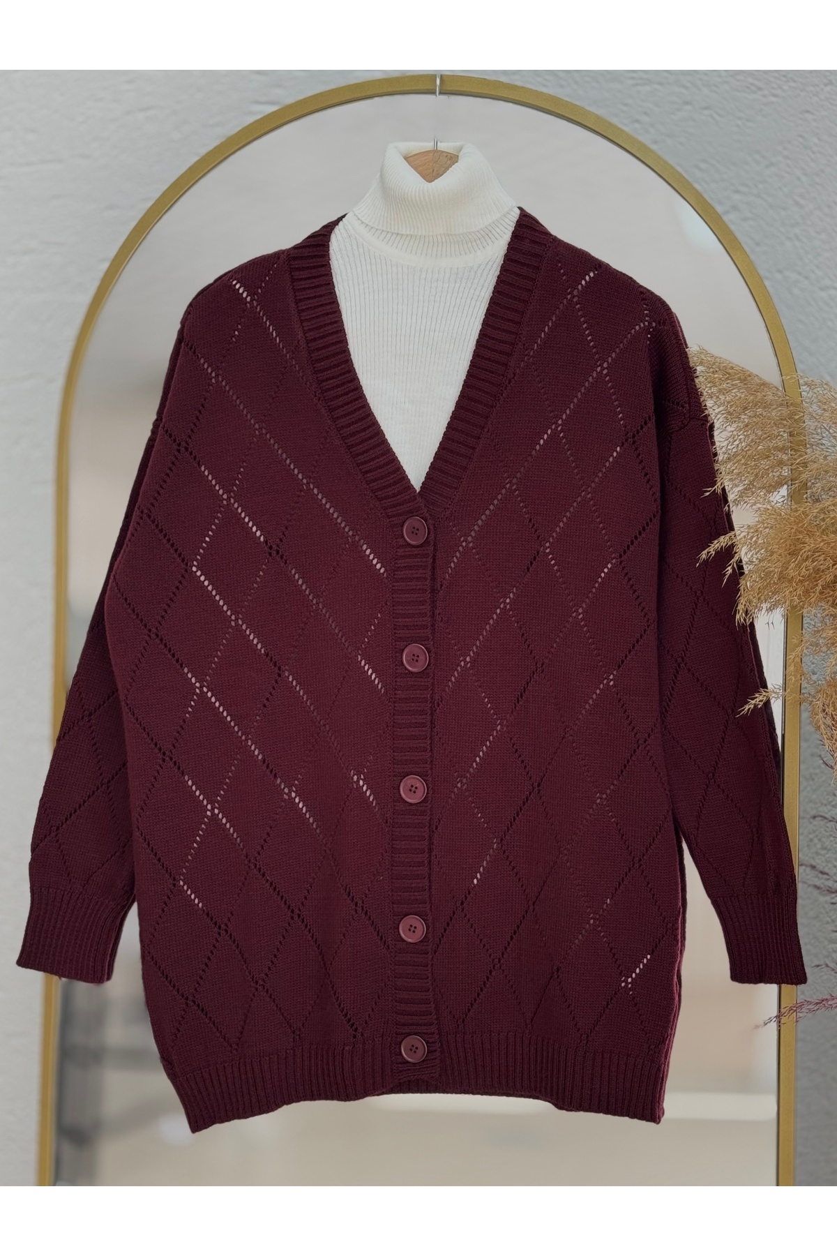 Genel Markalar Dila Baklava Desen Delikli Hırka-Zİ6150 Bordo