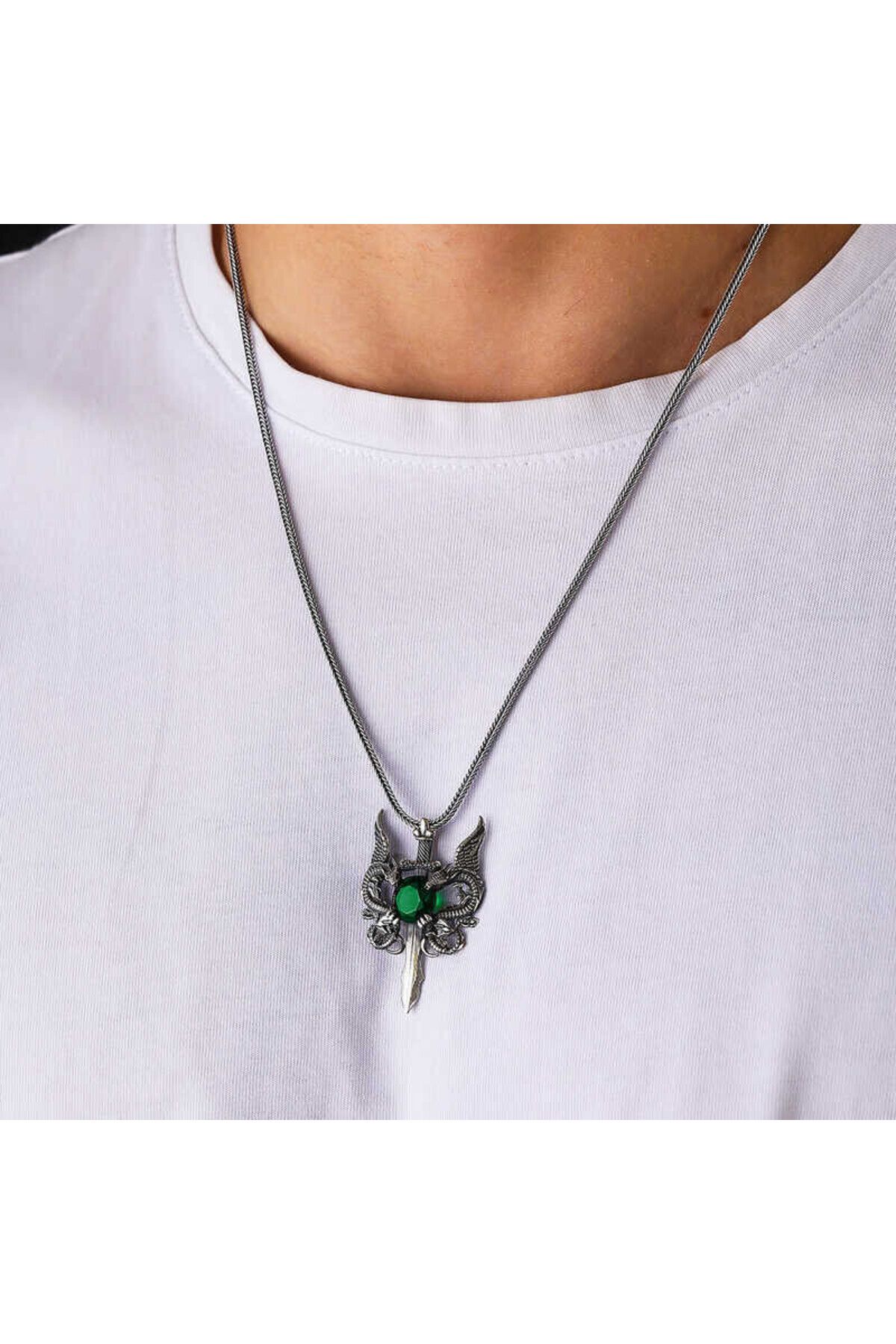 shop Yeşil Taşlı Ejderha 925 Ayar Gümüş Erkek Kolye