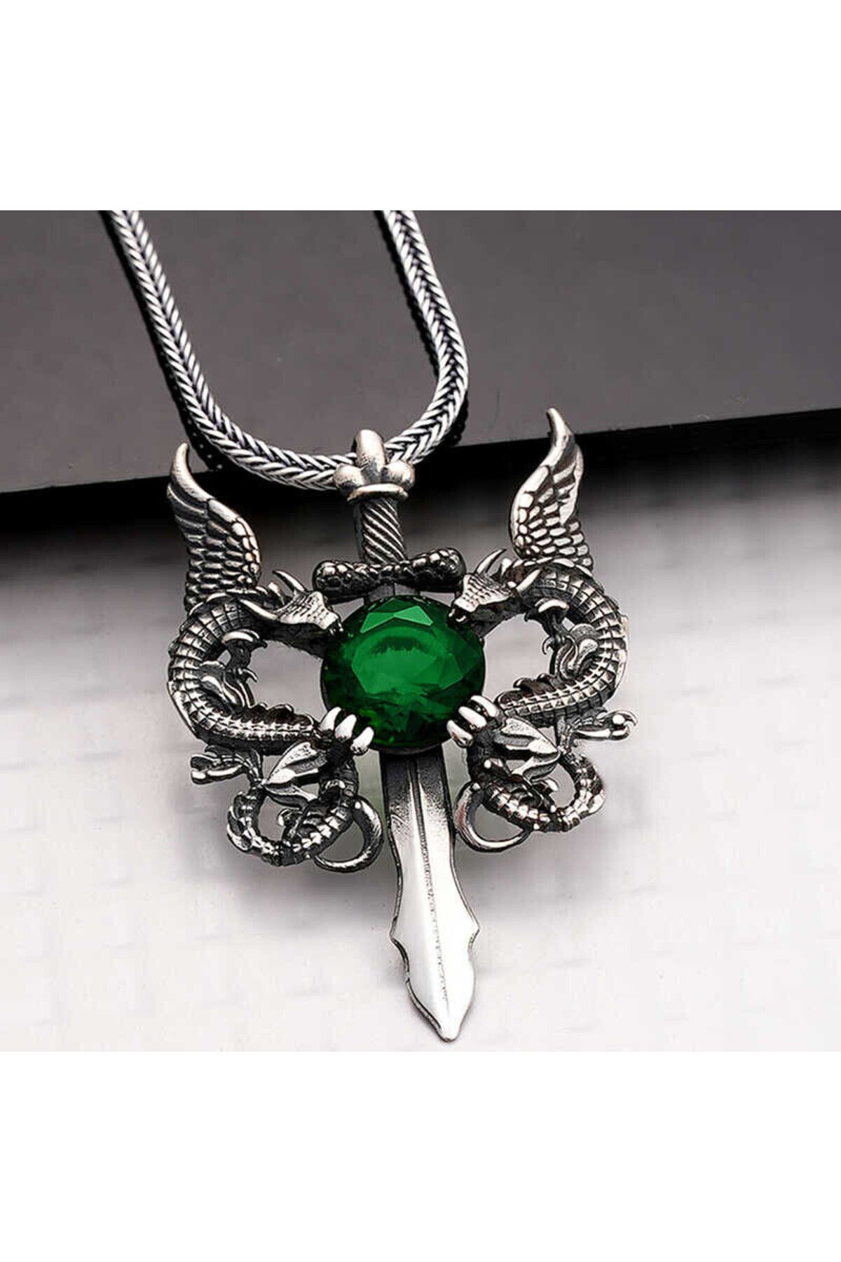 shop Yeşil Taşlı Ejderha 925 Ayar Gümüş Erkek Kolye