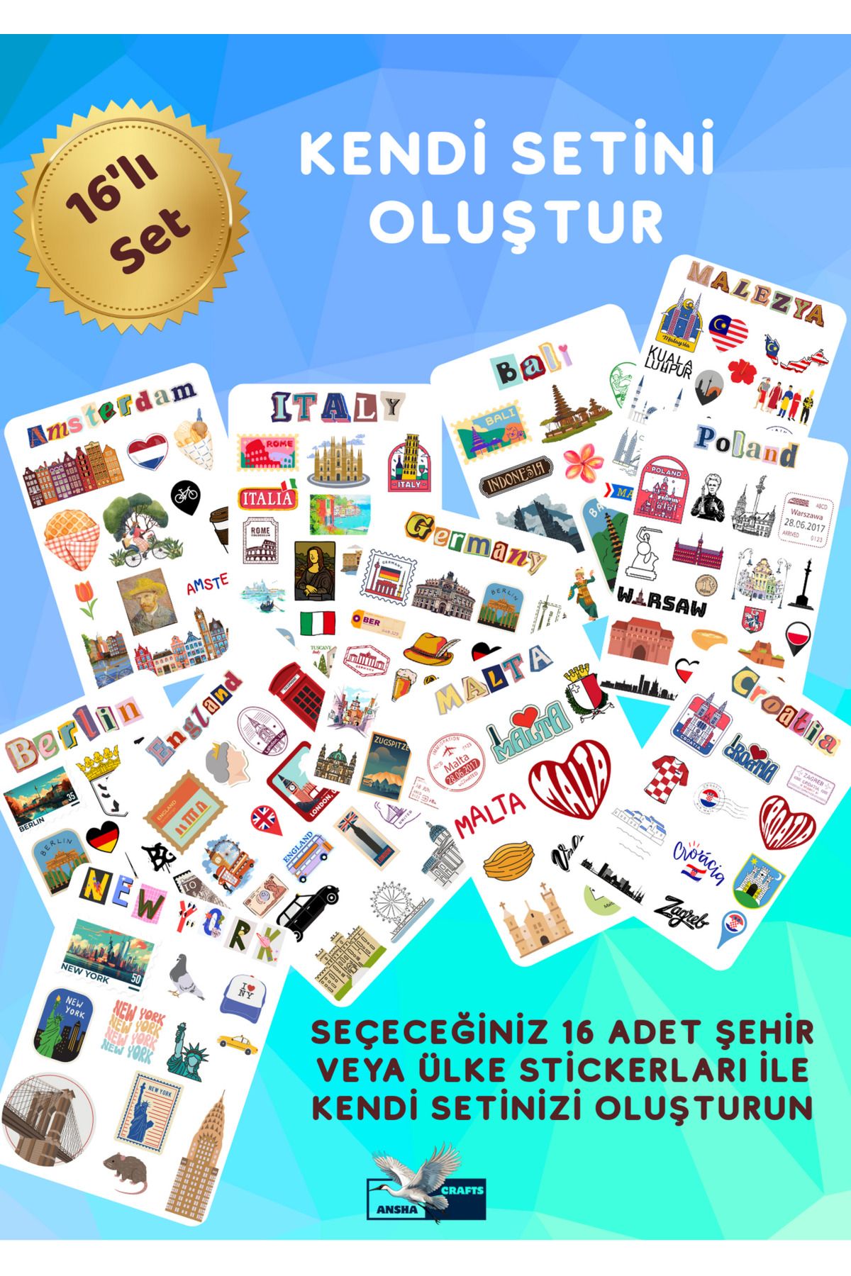 ANSHA CRAFTS Kendi 16'lı Sticker Setininizi Oluşturun!- Bullet Journal - Ajanda - Planner - Defter- Laptop- Valiz