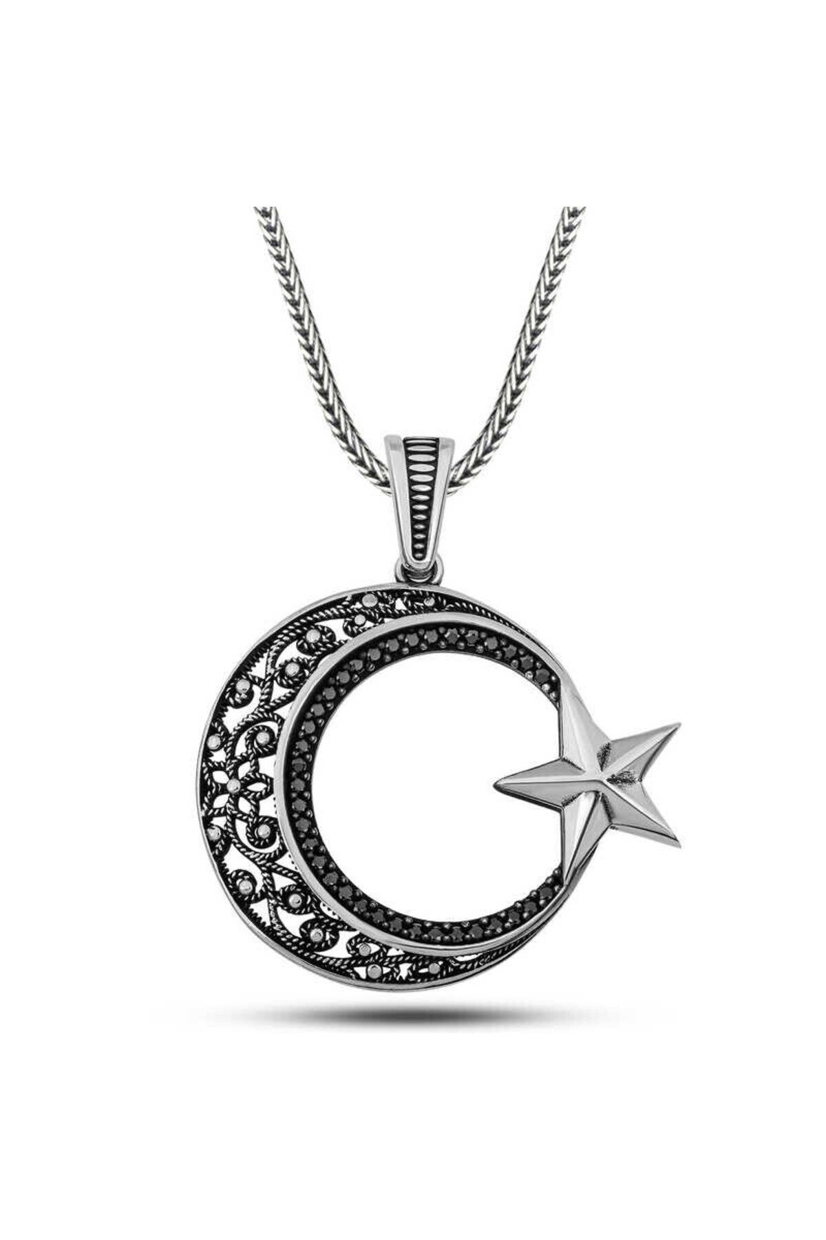 shop Zirkon Taşlı Desenli Ay Yıldız 925 Ayar Gümüş Kolye