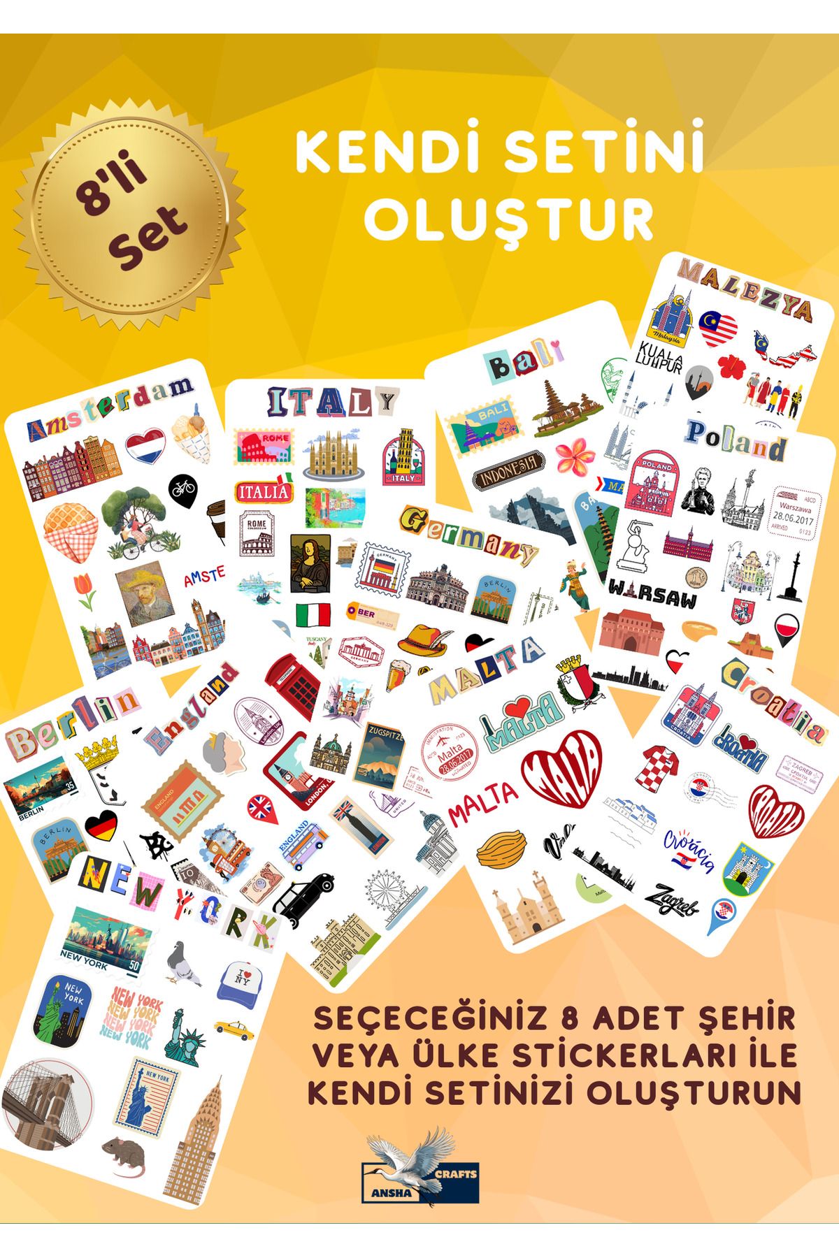 ANSHA CRAFTS Kendi 8'li Sticker Setininizi Oluşturun!!- Bullet Journal - Ajanda - Planner - Defter- Laptop- Valiz