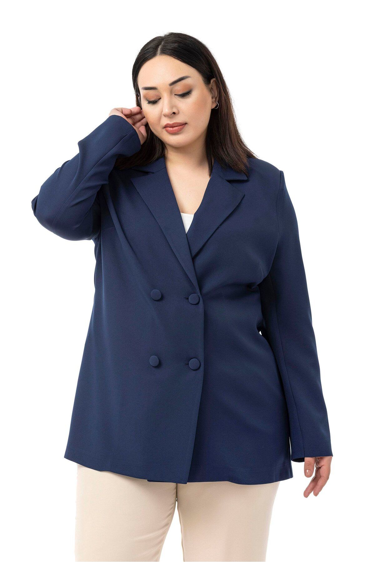 DISENTIS MODEST-Plus Size Coated Buttoned Double Breasted Navy Blue Unlined Jacket 4