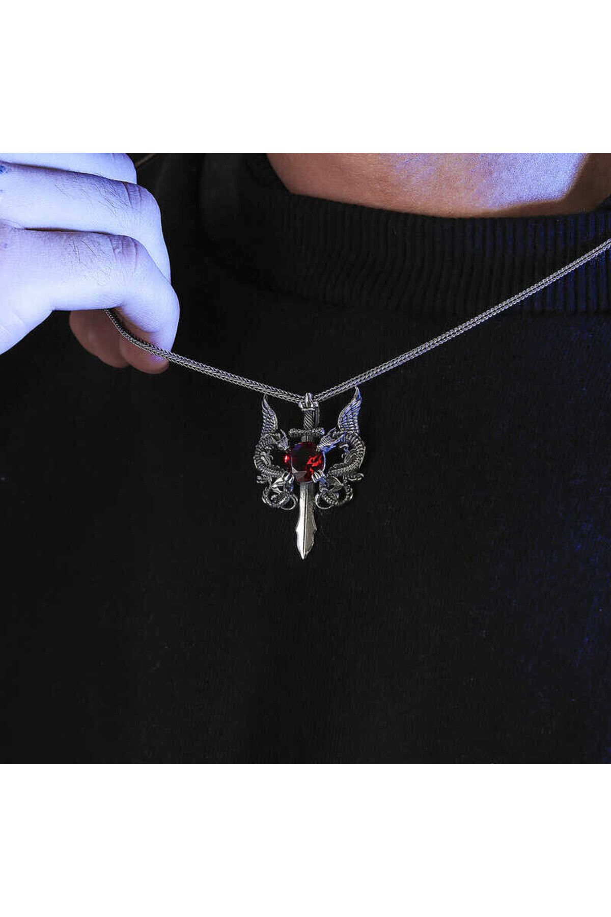 shop Kırmızı Taşlı Ejderha 925 Ayar Gümüş Erkek Kolye