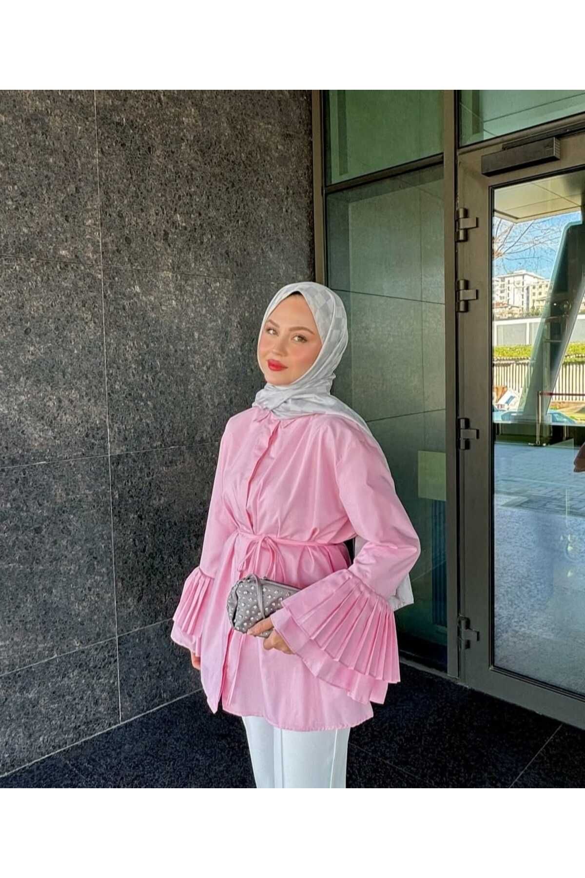 by nursel çiçek Kadın Trend Kolları Piliseli Poplin Gömlek