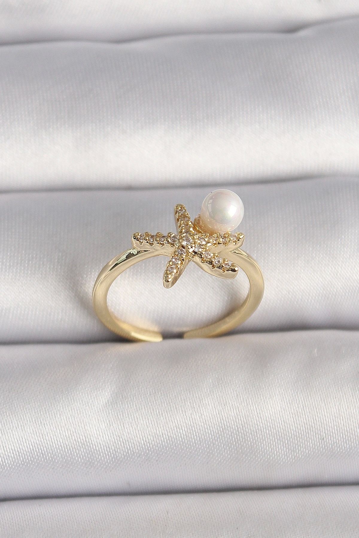 OurStyles Pirinç Gold Renk Zirkon Taşlı Deniz Yıldızı Model İnci Detay Ayarlababilir Yüzük - TJ-BYK3549