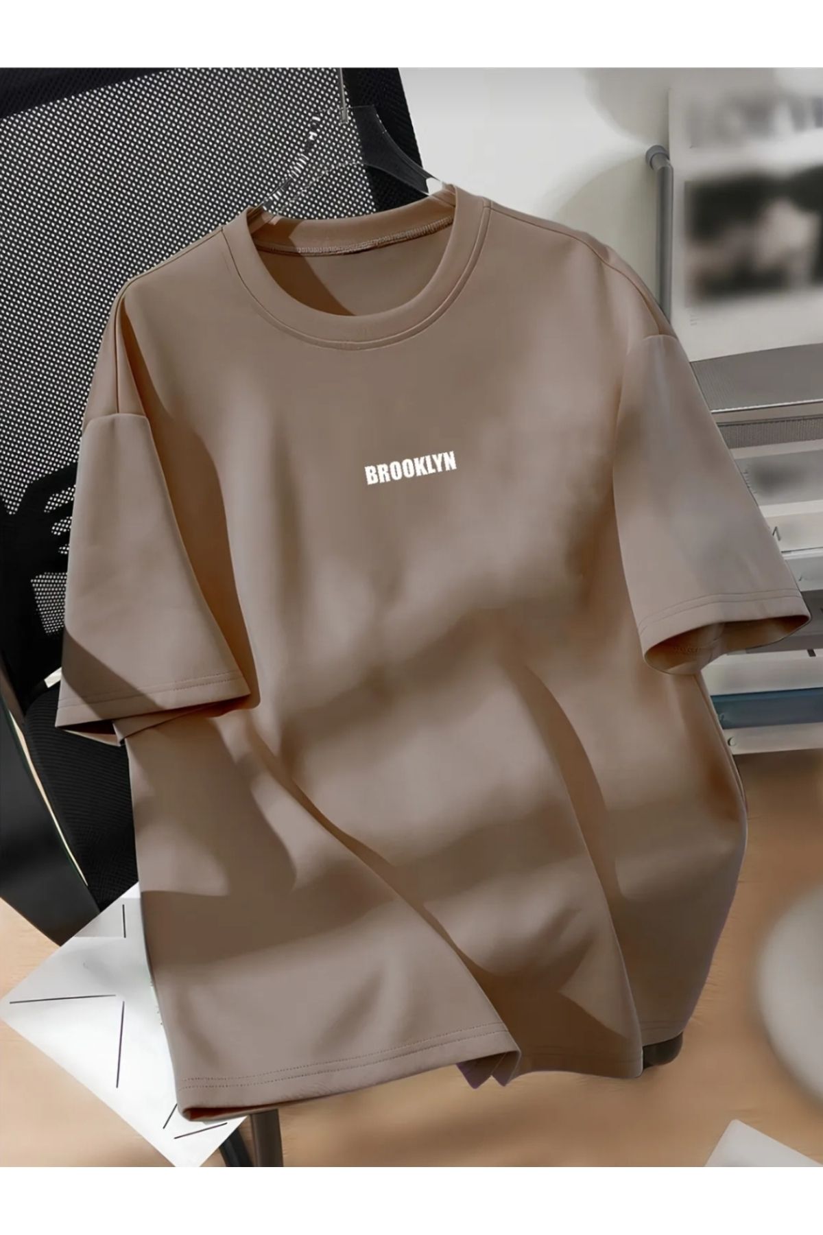 Man Unisex Erkek/Kadın BROOKLYN Renkli Özel Baskılı Oversize Pamuklu Bisiklet Yaka T-shirt