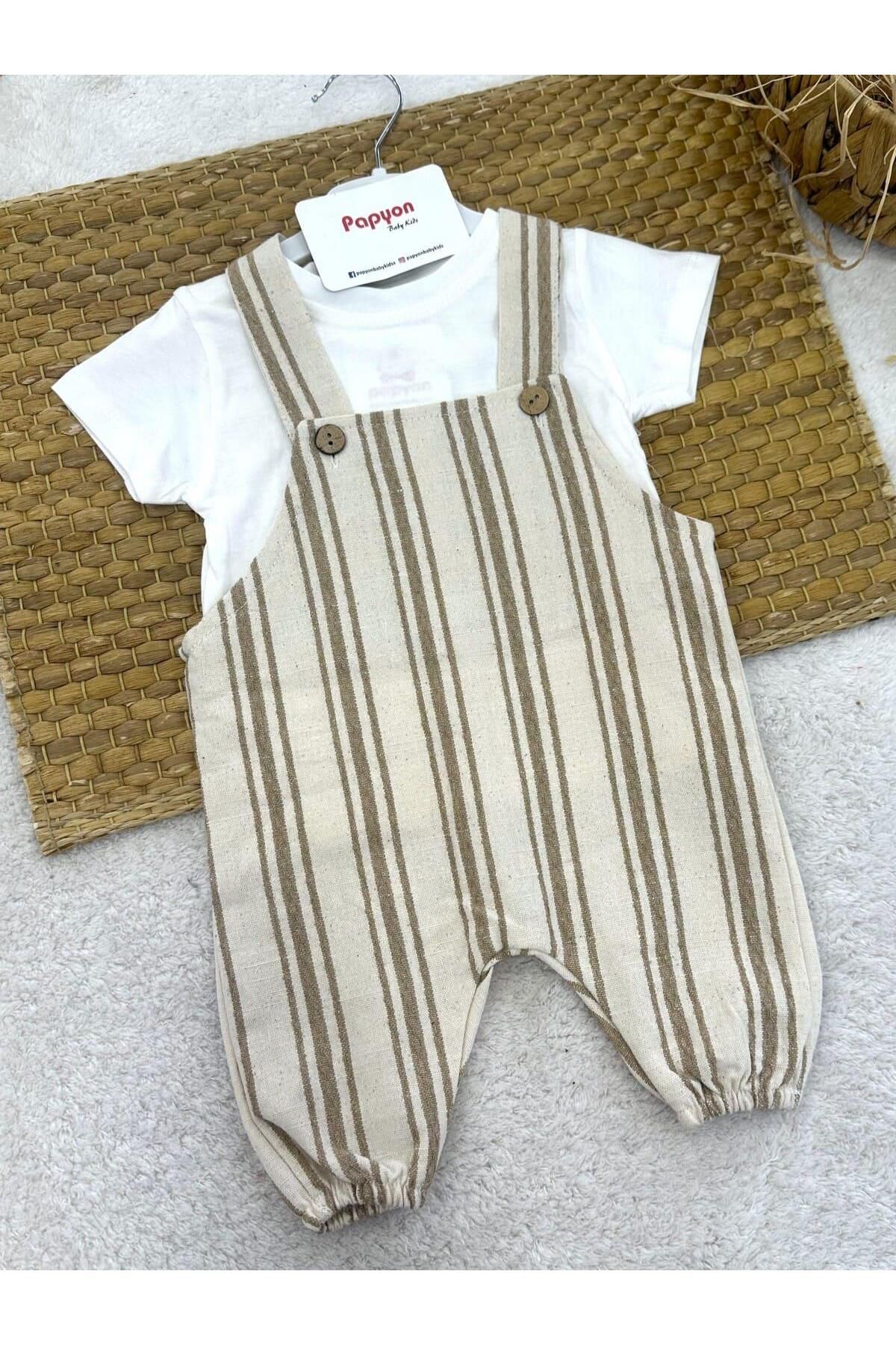 Papyon Baby Kids Düz Tişört Çizgili Salopetli Erkek Bebek Takım (3-6/6-9/9-12 Ay)
