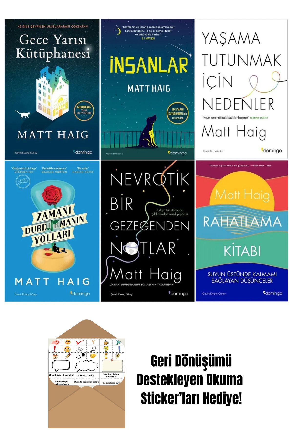 Alfa Yayınları Matt Haig 6 Kitap Set - Zamanı Durdurmanın Yolları - Gece Yarısı Kütüphanesi + Okuma Sticker'ları