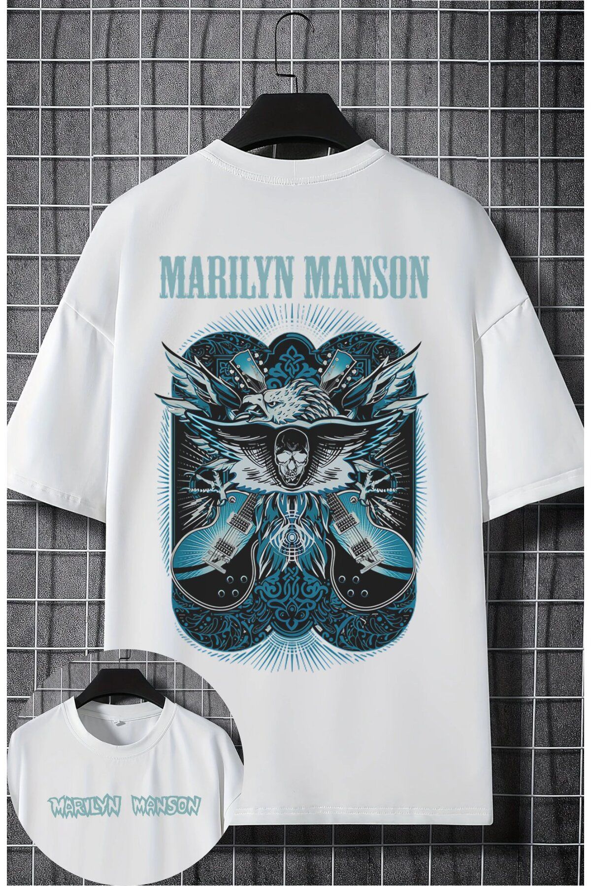 Fuddy Moda Unisex Marilyn Manson Guitar Sırt Baskılı Tişört, Oversize Rock Band Temalı T-shirt