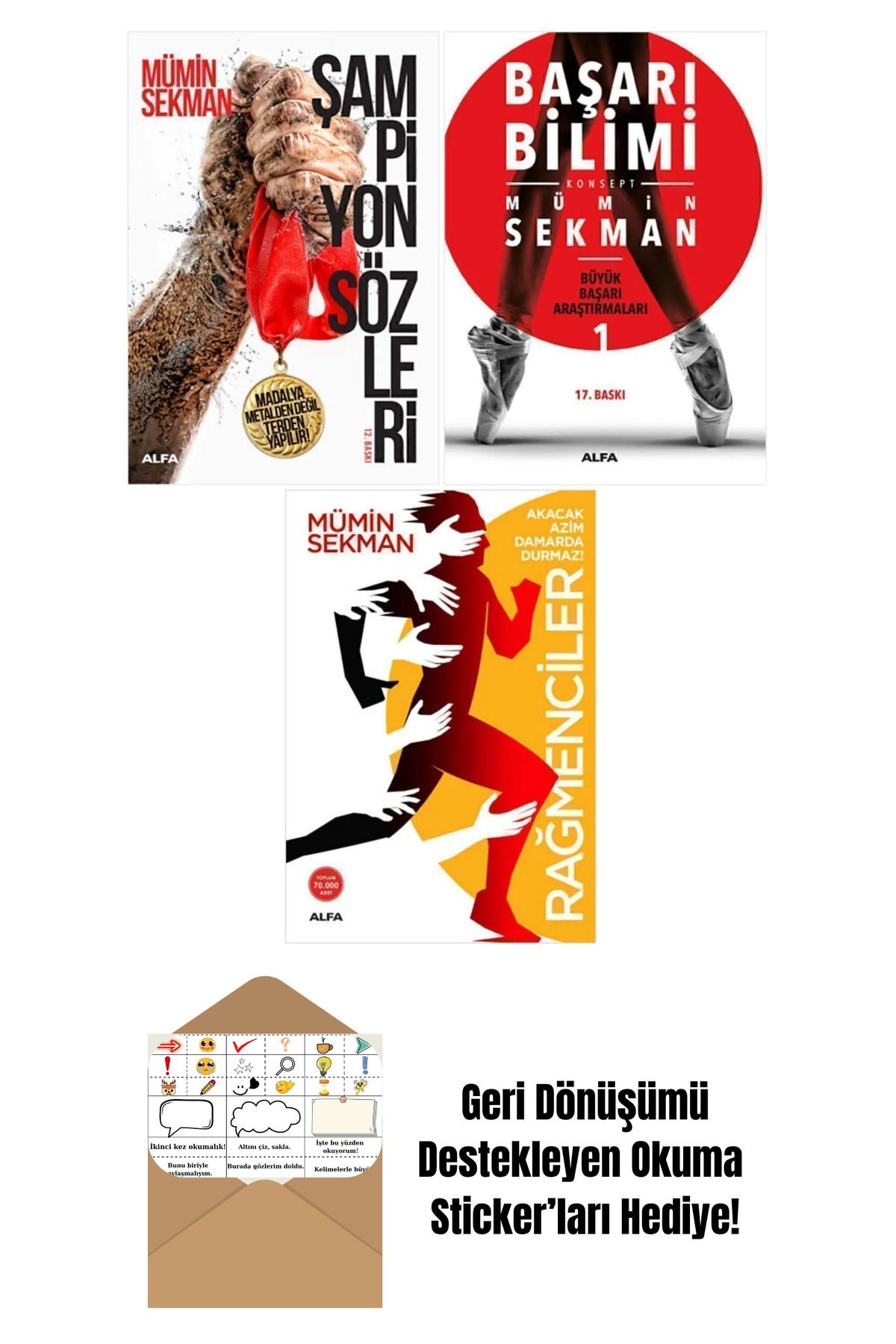 Alfa Yayınları Mümin Sekman 3 Kitap Set / Şampiyon Sözleri + Başarı Bilimi + Rağmenciler + Okuma Sticker'ları