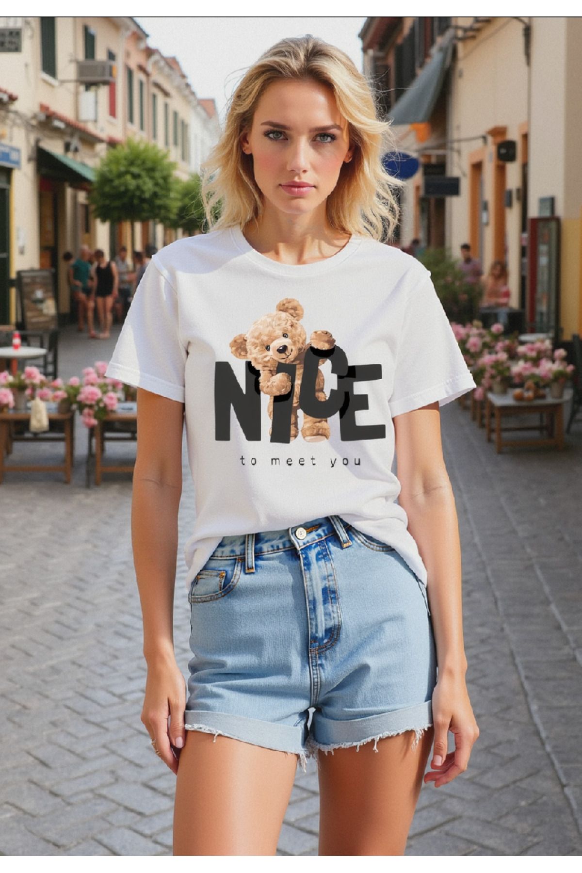 ELNOYA Unisex Pamuklu Beyaz Oversize "Nice To Meet You" Baskılı Rahat Günlük T-shirt