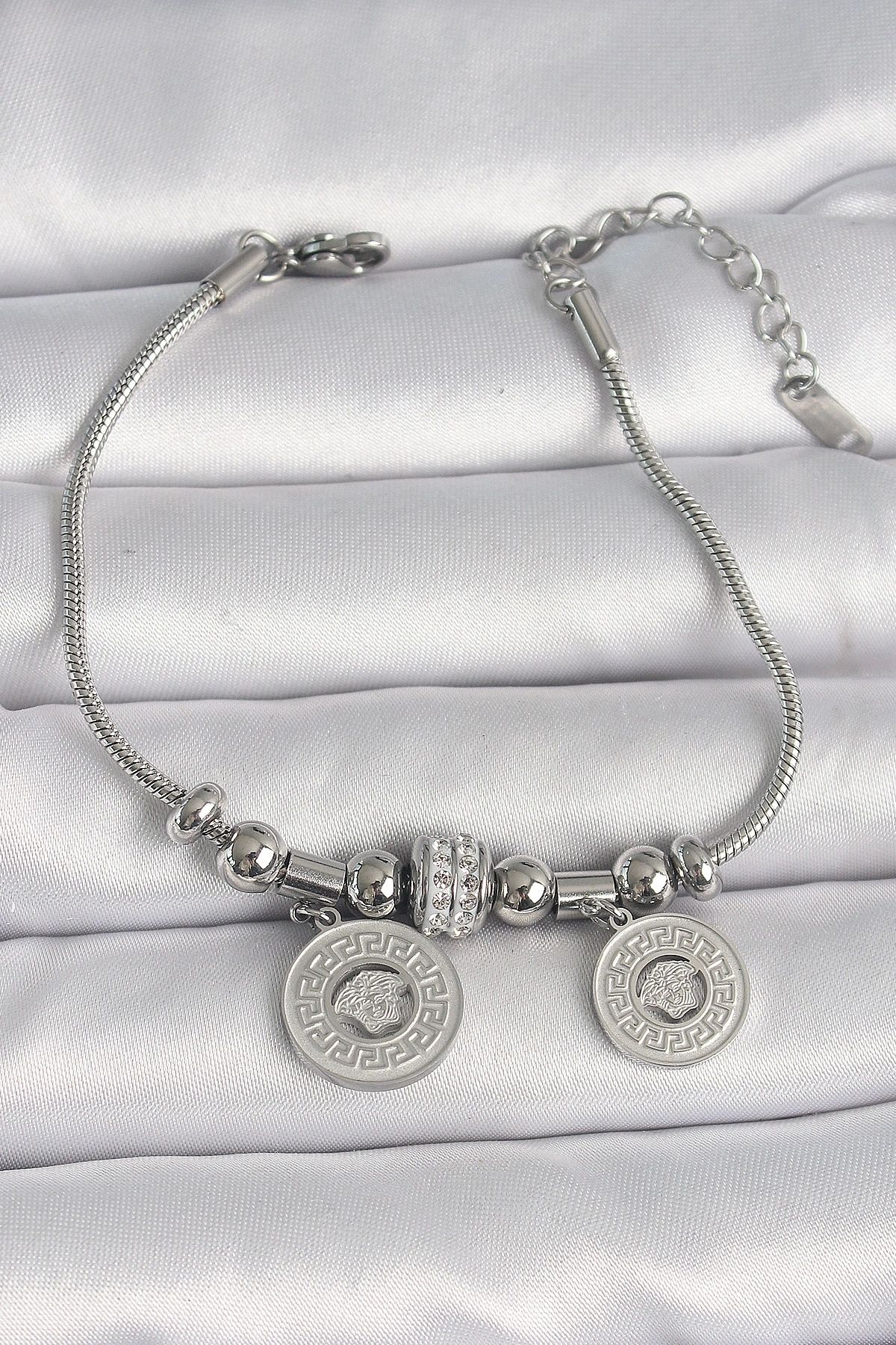 OurStyles 316L Çelik Gümüş Renk Tüp Zincir Madalyon Model Zirkon Taş Detaylı Kadın Bileklik - TJ-BB6654
