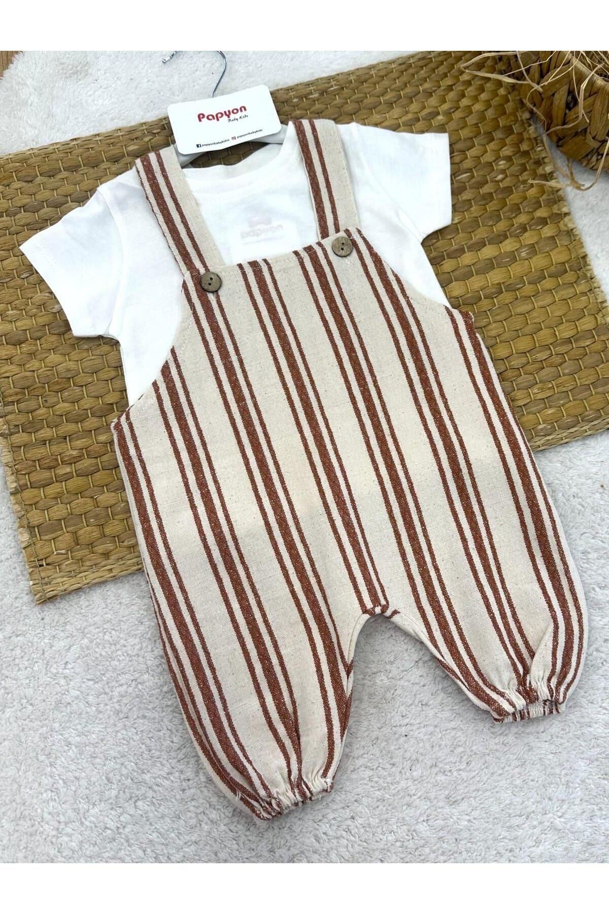 Papyon Baby Kids Düz Tişört Çizgili Salopetli Erkek Bebek Takım (3-6/6-9/9-12 Ay)