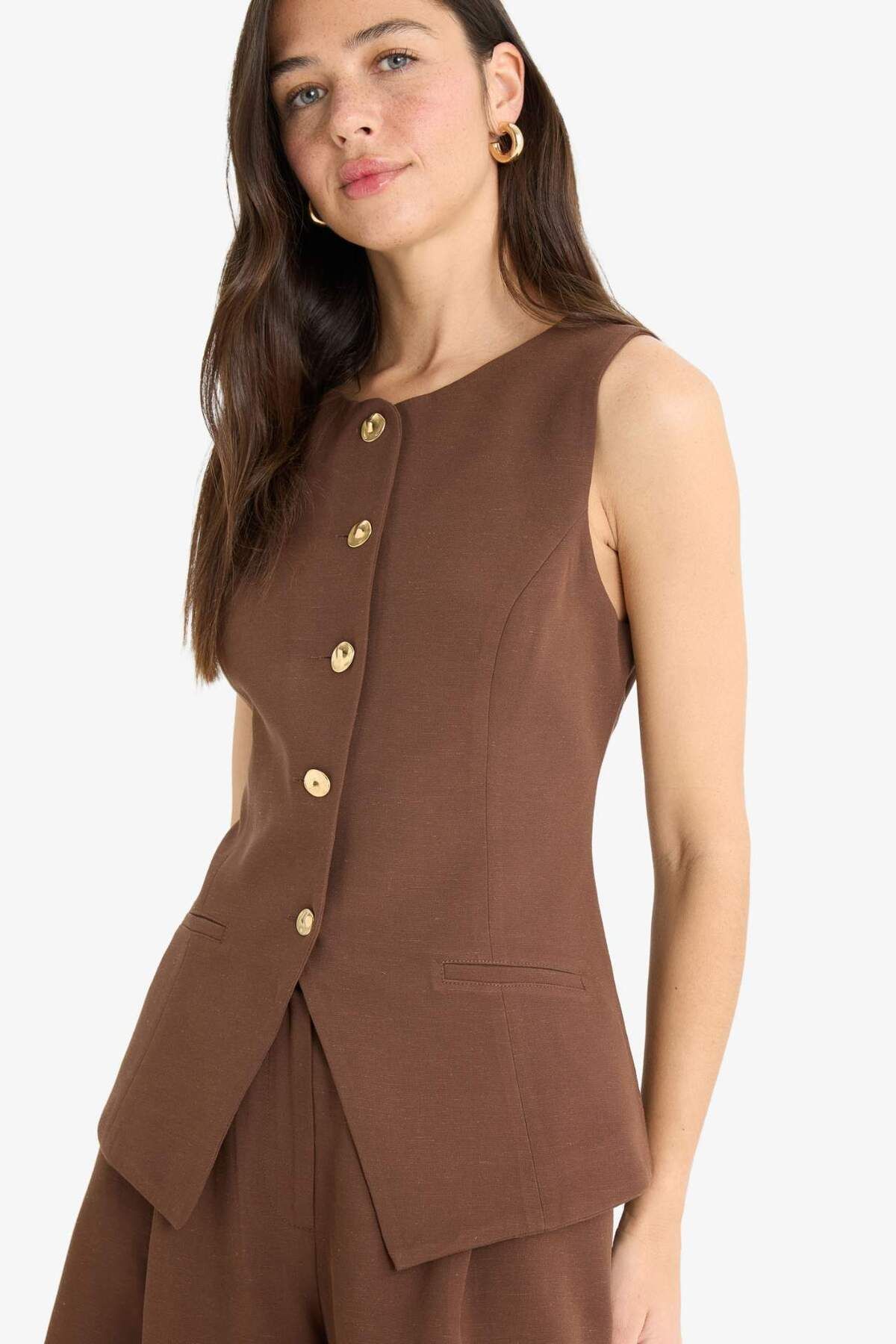 DeFacto Fitted Bisiklet Yaka Keten Karışımlı Blazer Yelek F5406AX25SM