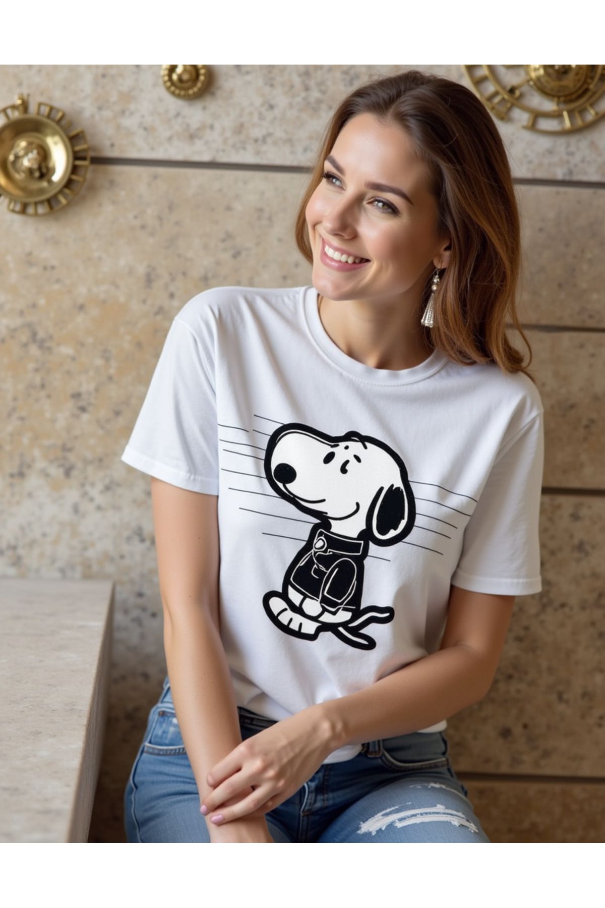 ELNOYA Unisex Pamuklu Beyaz Oversize "Karton Köpek" Baskılı Rahat Günlük T-shirt