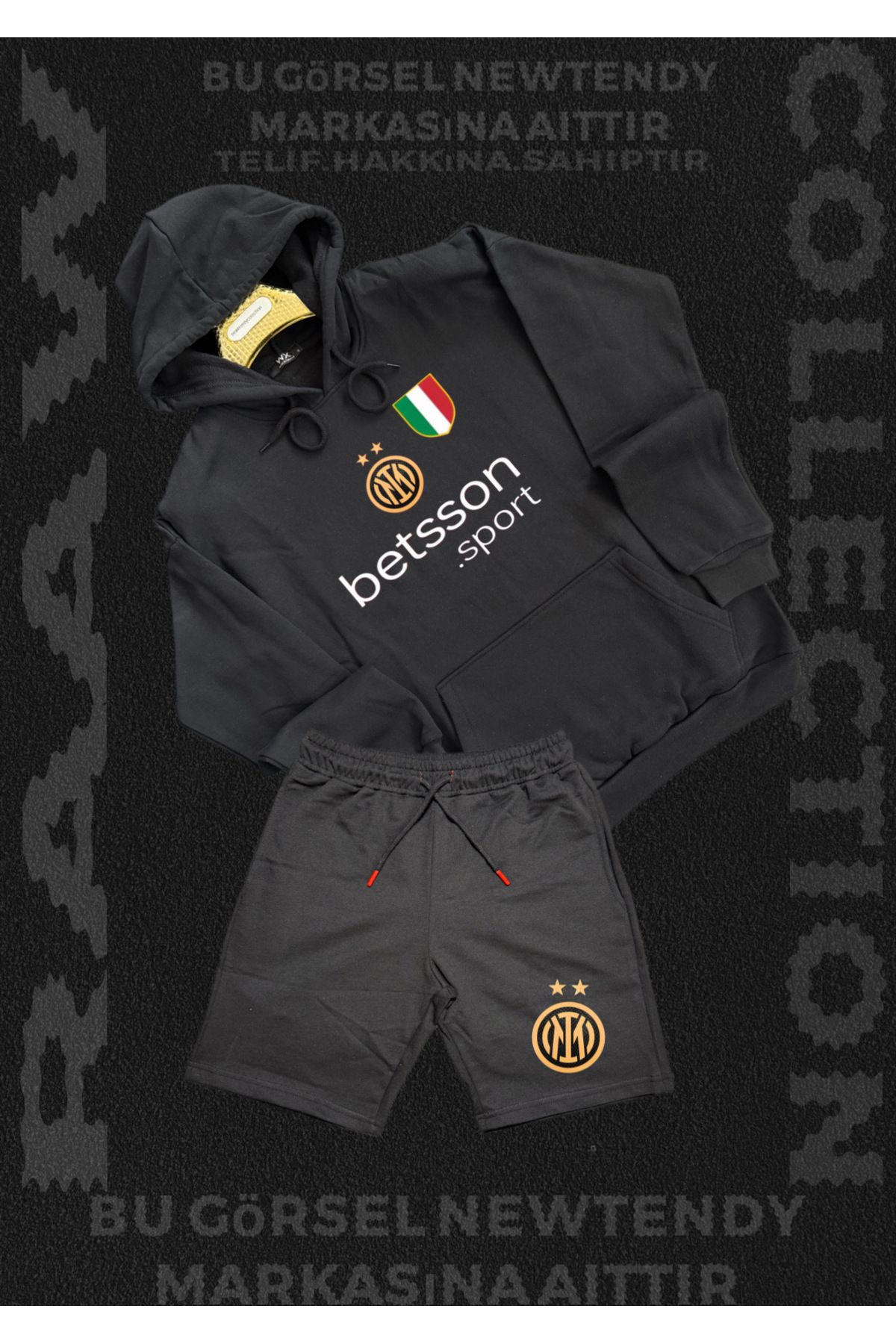 NEW TRENDY COLLECTİON ✅Inter Logolu Kapüşonlu Sweatshirt ve Açık Şort Takımı Erkek Taraftar Spor Giyim Seti 2li kombin