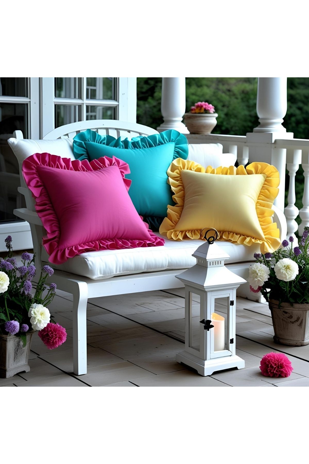 Bc Home 3'lü Turkuaz - Fuşya - Limon Sarısı Country Fırfırlı Kare Kırlent Kılıfı Vintage,Bohem
