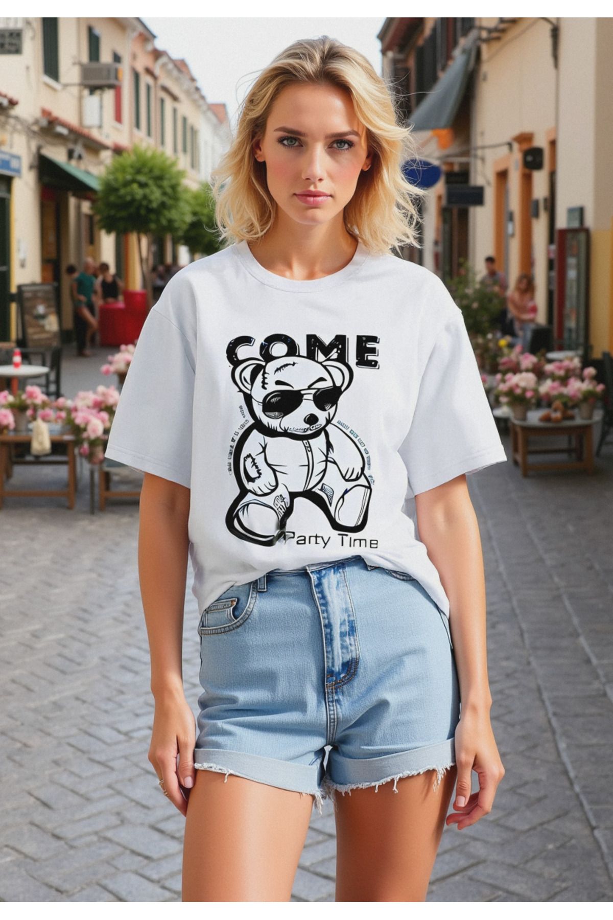 ELNOYA Unisex Pamuklu Beyaz Oversize "Come Party Time" Baskılı Rahat Günlük T-shirt