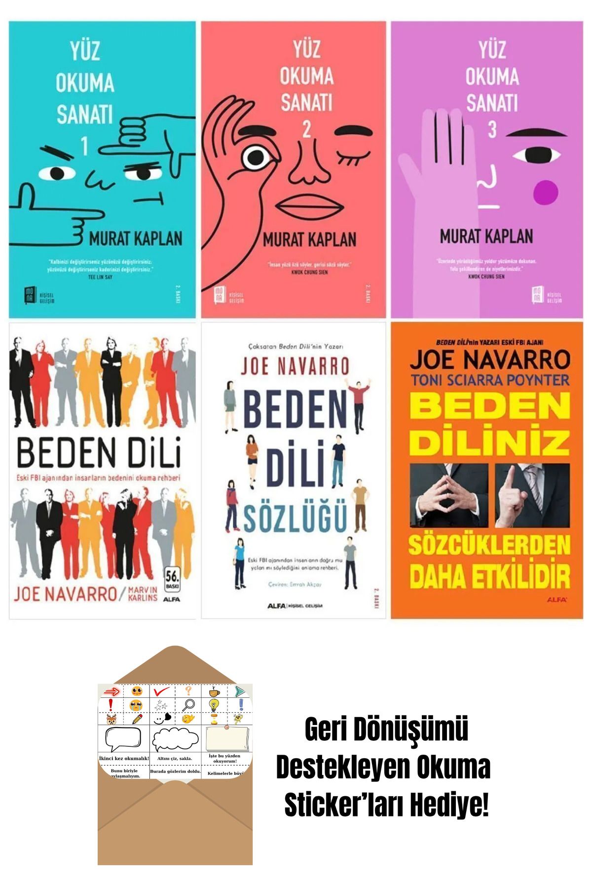 Alfa Yayınları Yüz Okuma Sanatı + Beden Dili 6 Kitap Set + Okuma Sticker'ları