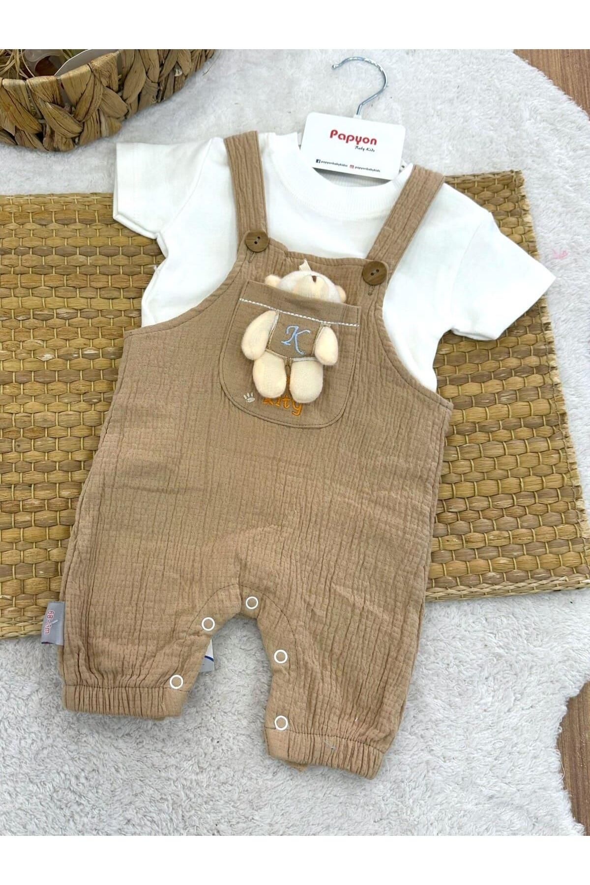 Papyon Baby Kids Düz Tişört Ayıcık Oyuncaklı Müslin Salopetli Erkek Bebek Takım (3-6/6-9/9-12 Ay)