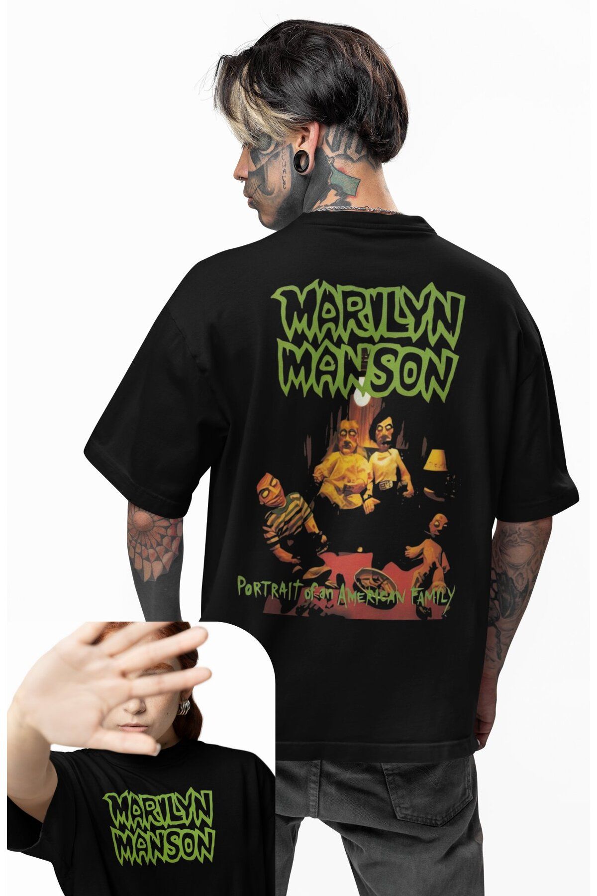 Fuddy Moda Unisex Portrait Of An American Family Sırt Baskılı Tişört, Oversize Marilyn Manson Temalı T-shirt