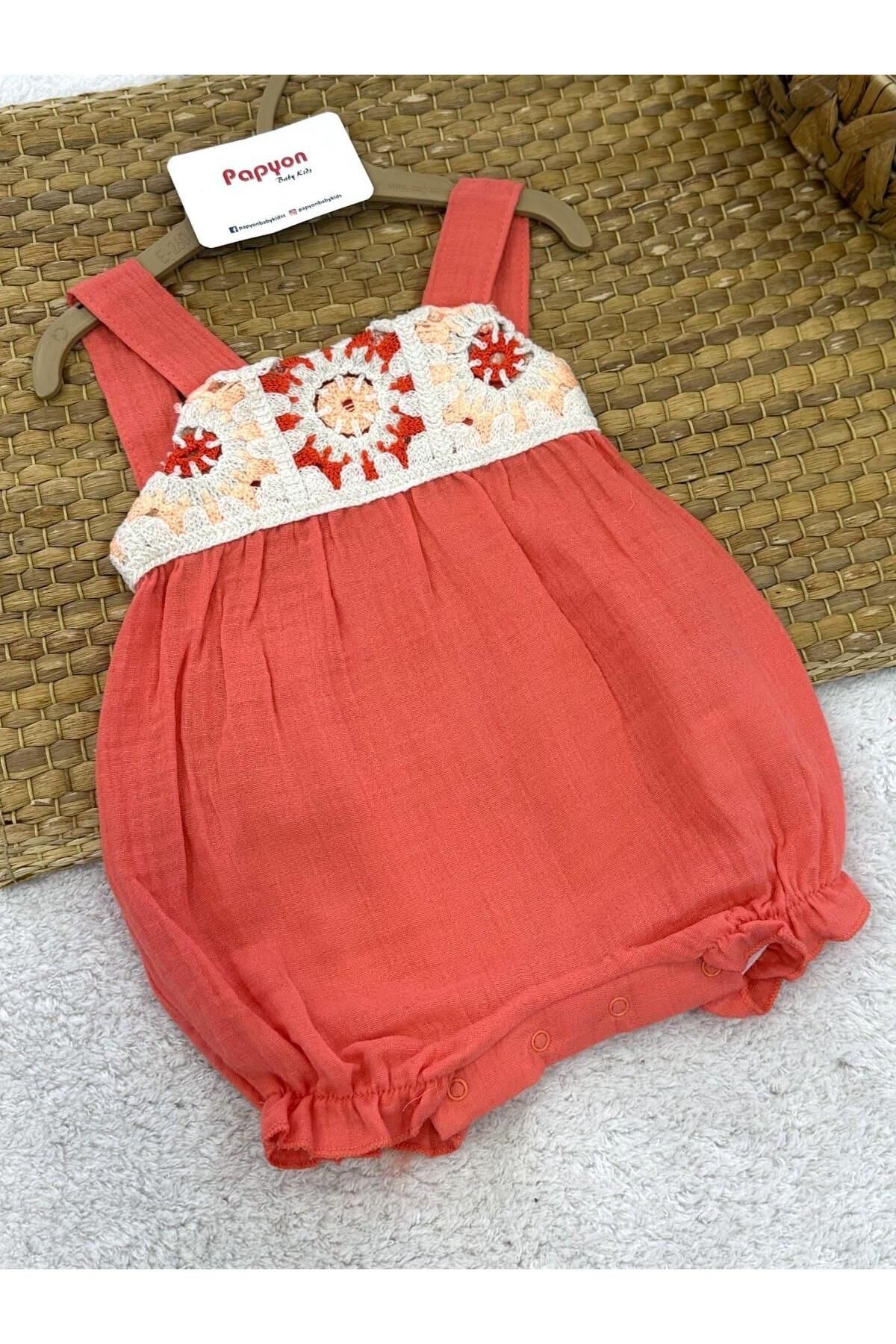 Papyon Baby Kids Tığ İşi Motifli Natural Kız Bebek Müslin Askılı Şort Tulum (3-6/6-9/9-12 Ay)
