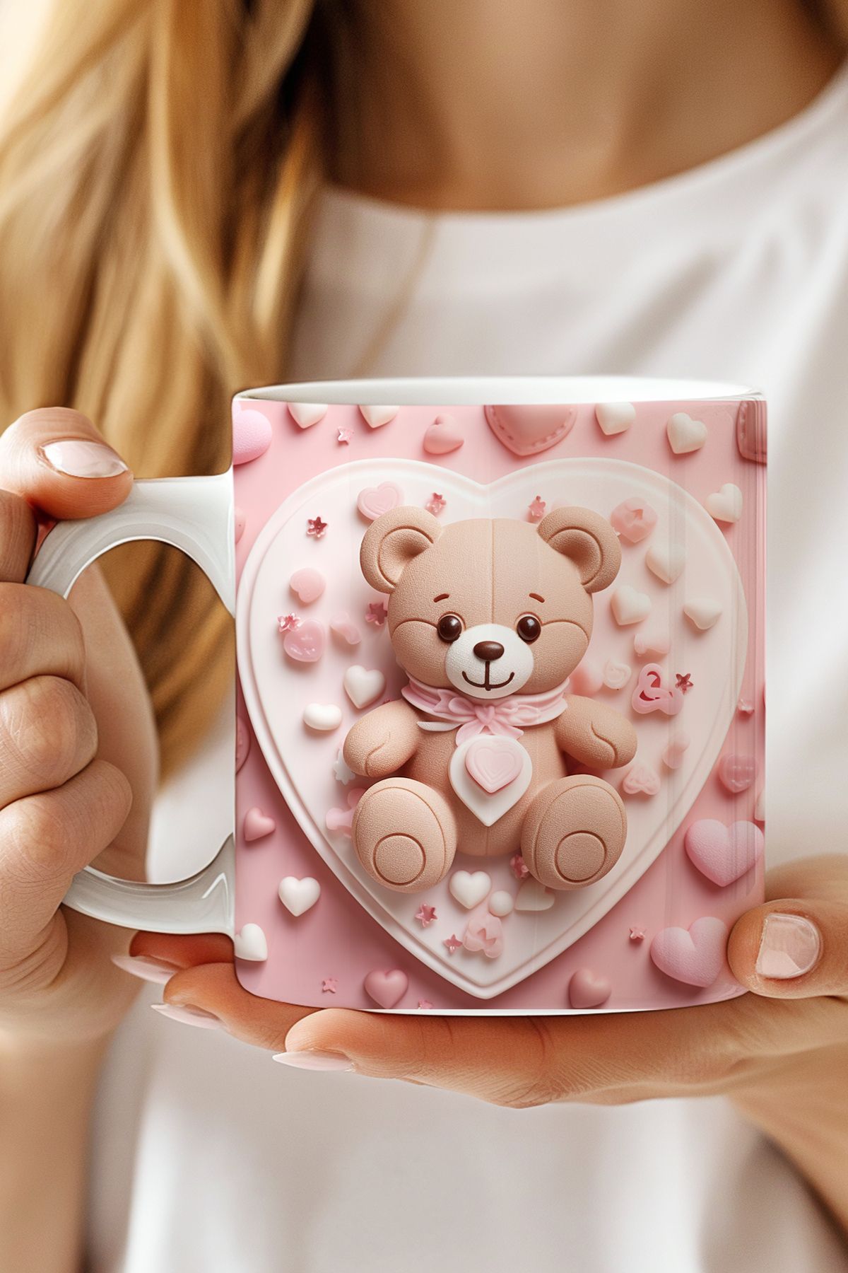 expreshediye 3D Ayıcık Kupa Bardak, Teddy Bear Kalpli Sevgilye Hediye 3D Kupa Bardak