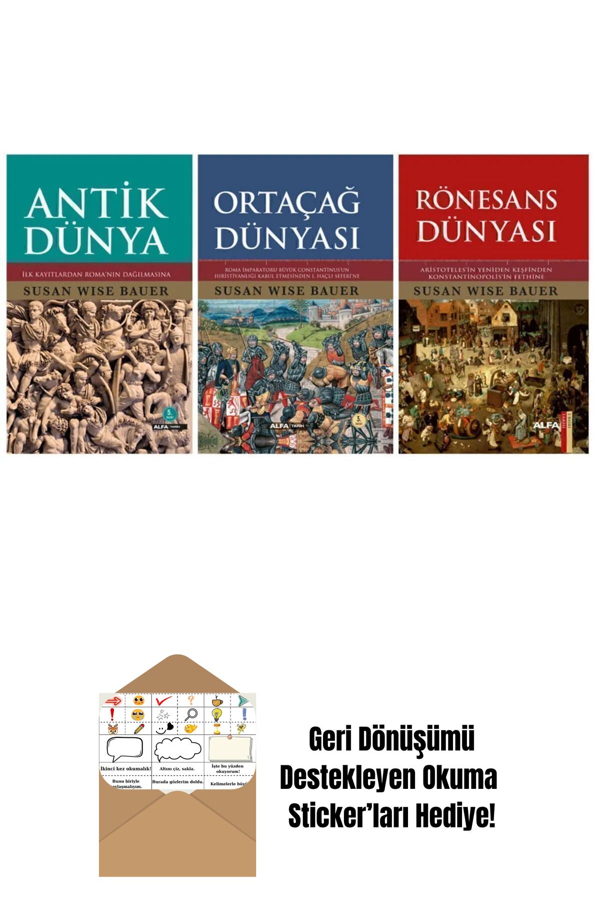 Alfa Yayınları Antik Dünya + Ortaçağ Dünyası + Rönesans Dünyası 3 Kitap Set (Ciltli) + Okuma Sticker'ları