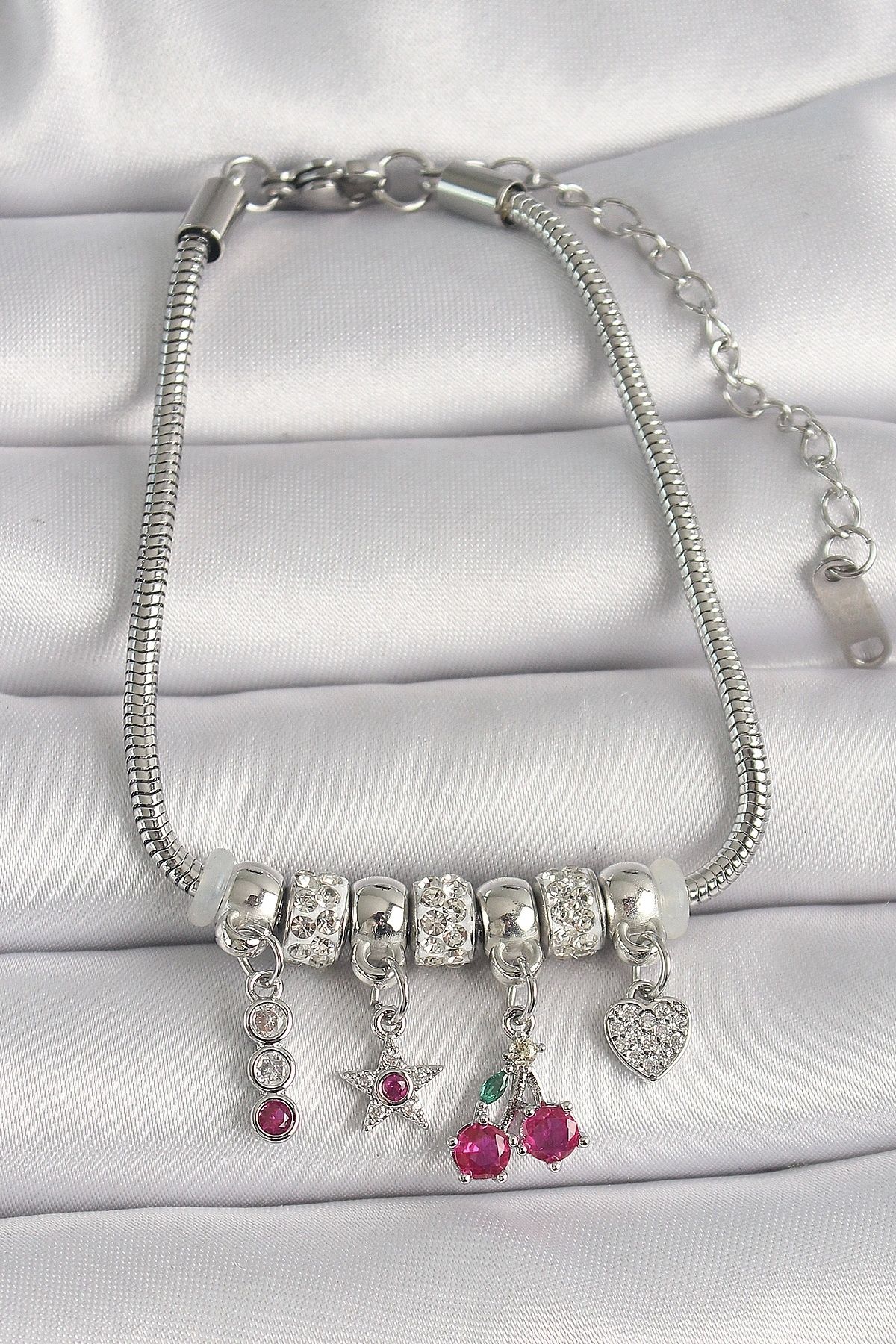 OurStyles 316L Çelik Gümüş Renk Zincir Sallantı Zirkon Taşlı Kiraz Figür Kalp Detay Kadın Bileklik - TJ-BB6707