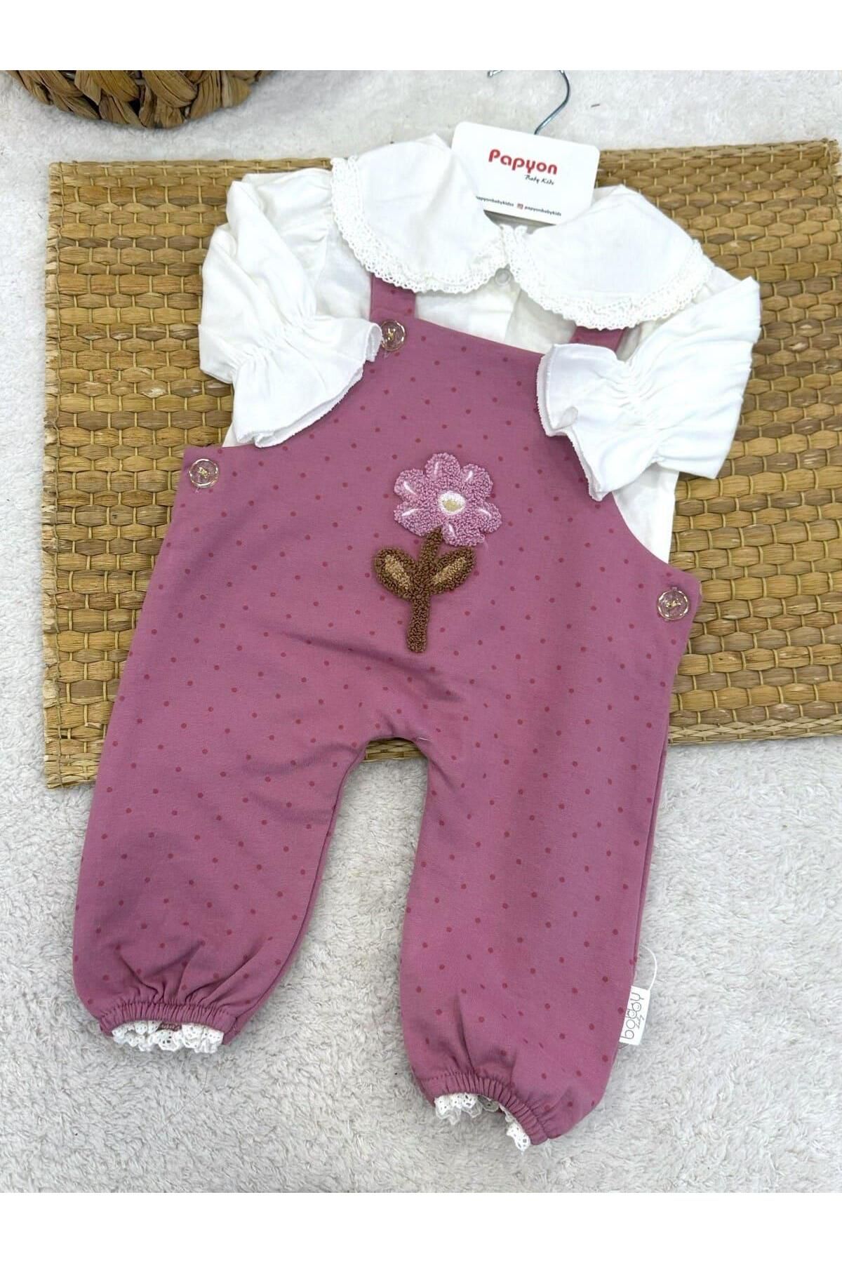 Papyon Baby Kids Süzene Çiçek Nakışlı Dantel Yakalı Bluzlu Kız Bebek Salopet Takım (0-3/3-6/6-9/9-12 Ay)