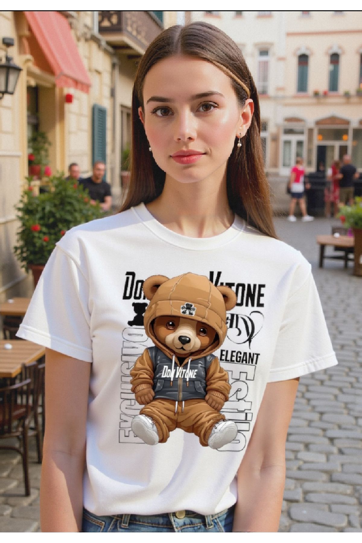 ELNOYA Unisex Pamuklu Beyaz Oversize "Happy Bear" Baskılı Rahat Günlük T-shirt