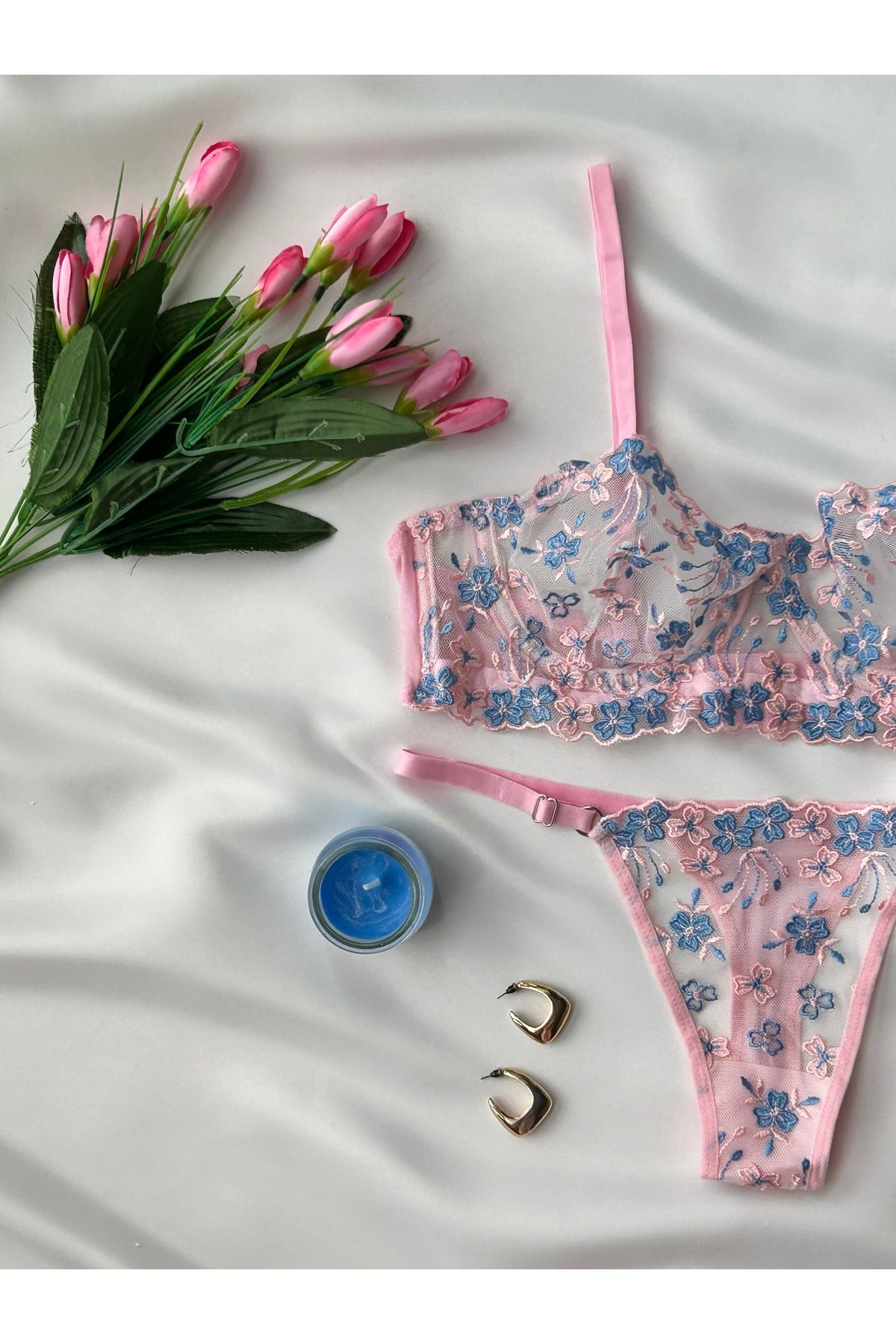 BLUEAVCI Pembe Mavi Çiçek Desenli Tangalı Sütyen Takımı