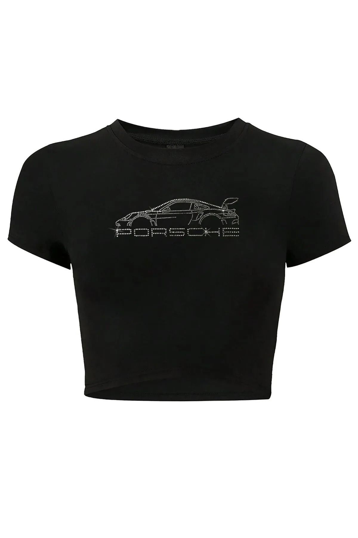 Bozz&Bozz Collection Kadın Kristal Taş Baskılı Porsche Crop T-shirt