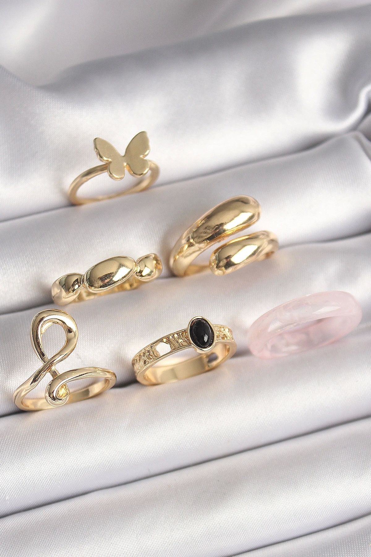 OurStyles Pirinç Gold Renk Kelebek Figür Sarmal Model 6'Lı Kadın Yüzük Seti - TJ-BYK3608
