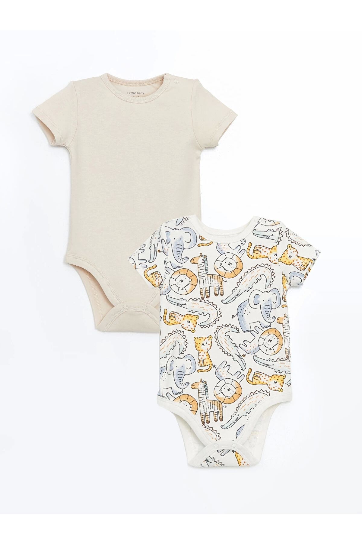 LC Waikiki LCW baby Ekru Bisiklet Yaka Baskılı Erkek Bebek Çıtçıtlı Bodysuit 2'li