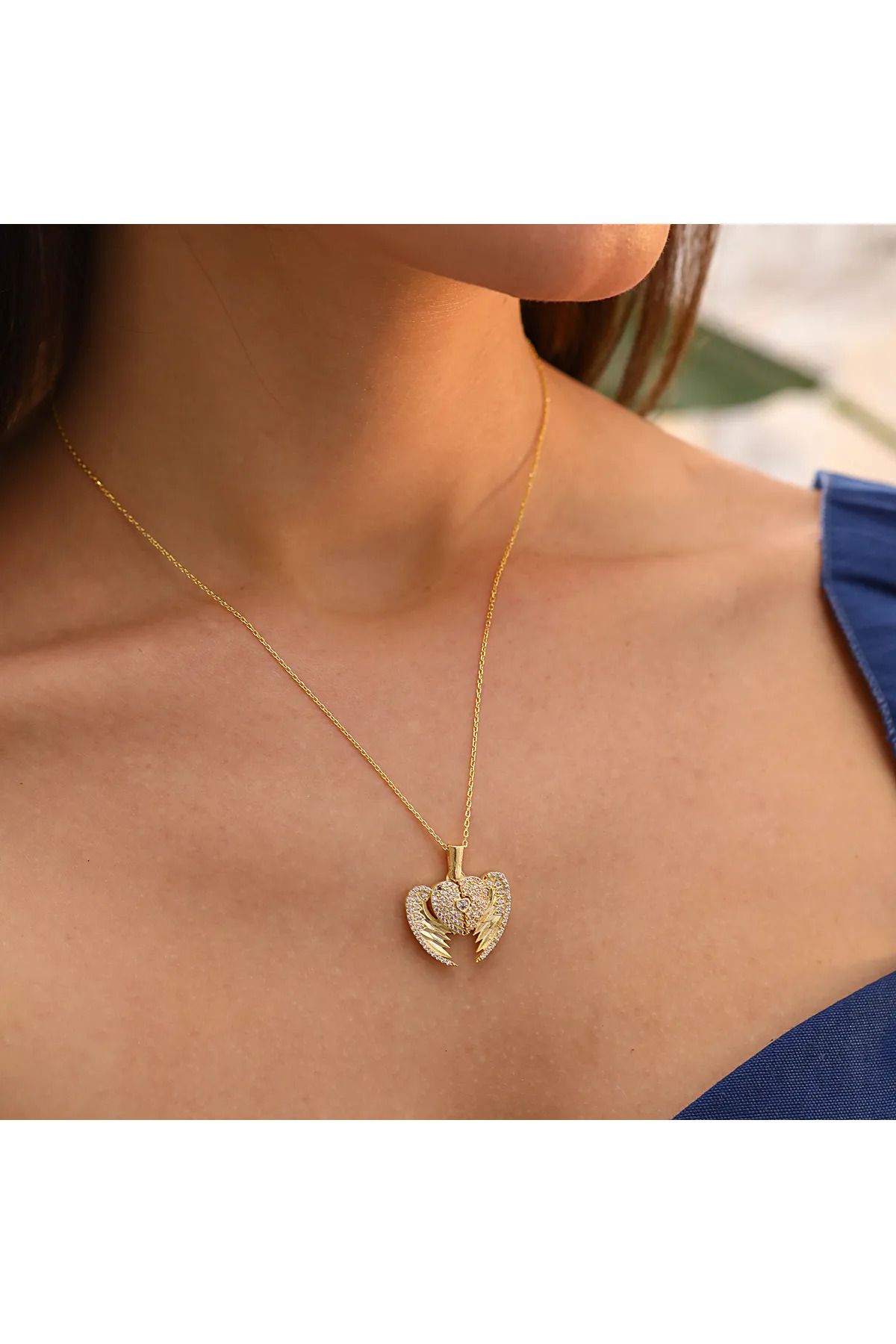 LAVİNYAMJEWELLERY ÇİFT MELEK KANATLI ÇELİK KOLYE 45 CM