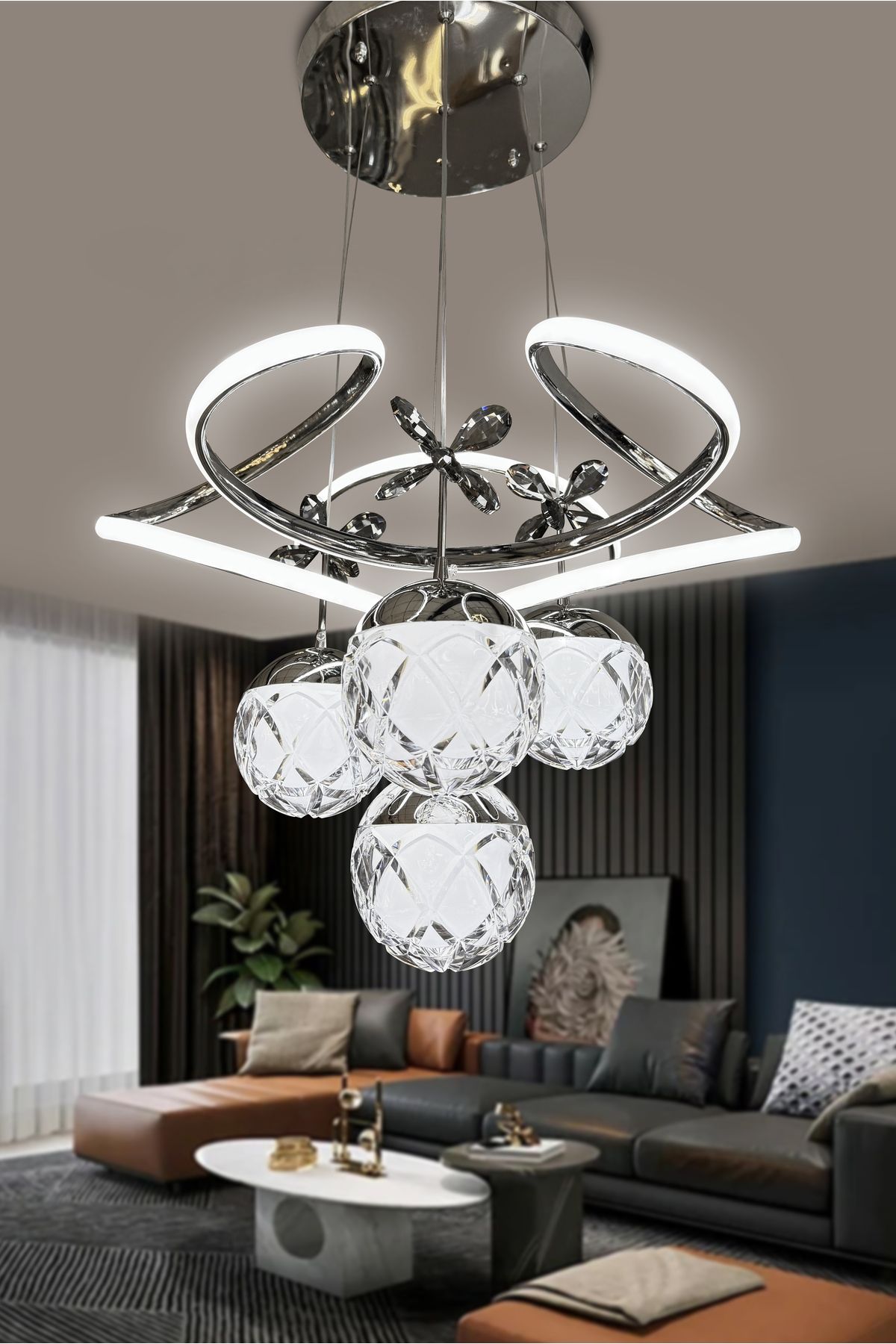 RSCOLLECTIONS Dron 4 Toplu Sarkıt Ledli Avize (Elmas Top)