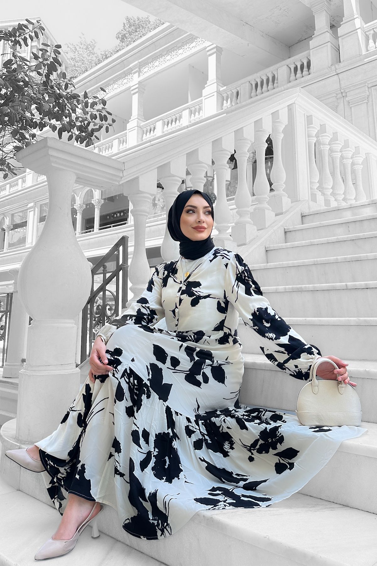 lizbutik Avşa Desenli Elbise - Siyah